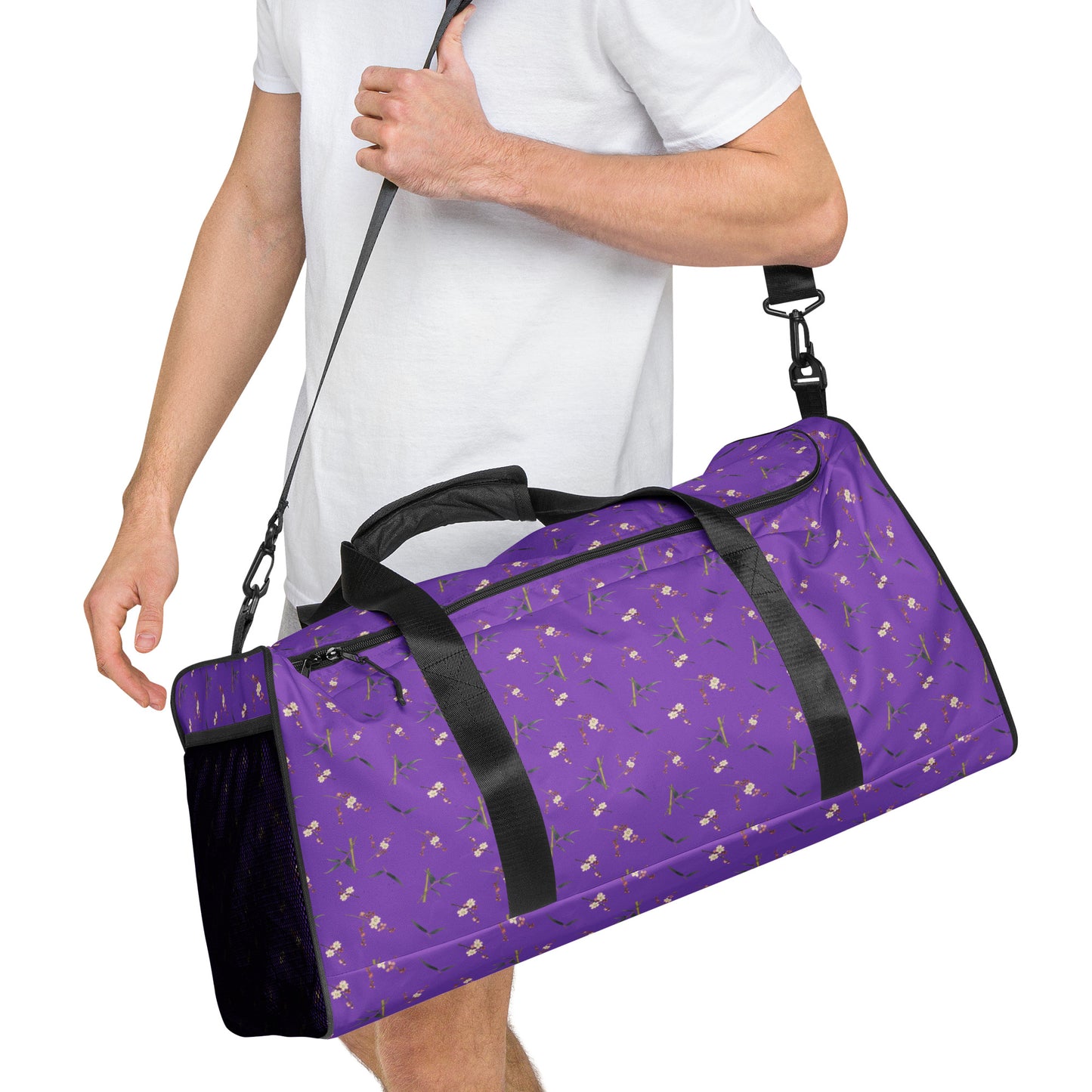 The Spirit of Flowers in Twelve Months｜Crimson Plum Blossom and Lush Green Bamboo｜Duffle bag｜seamless print｜Purple