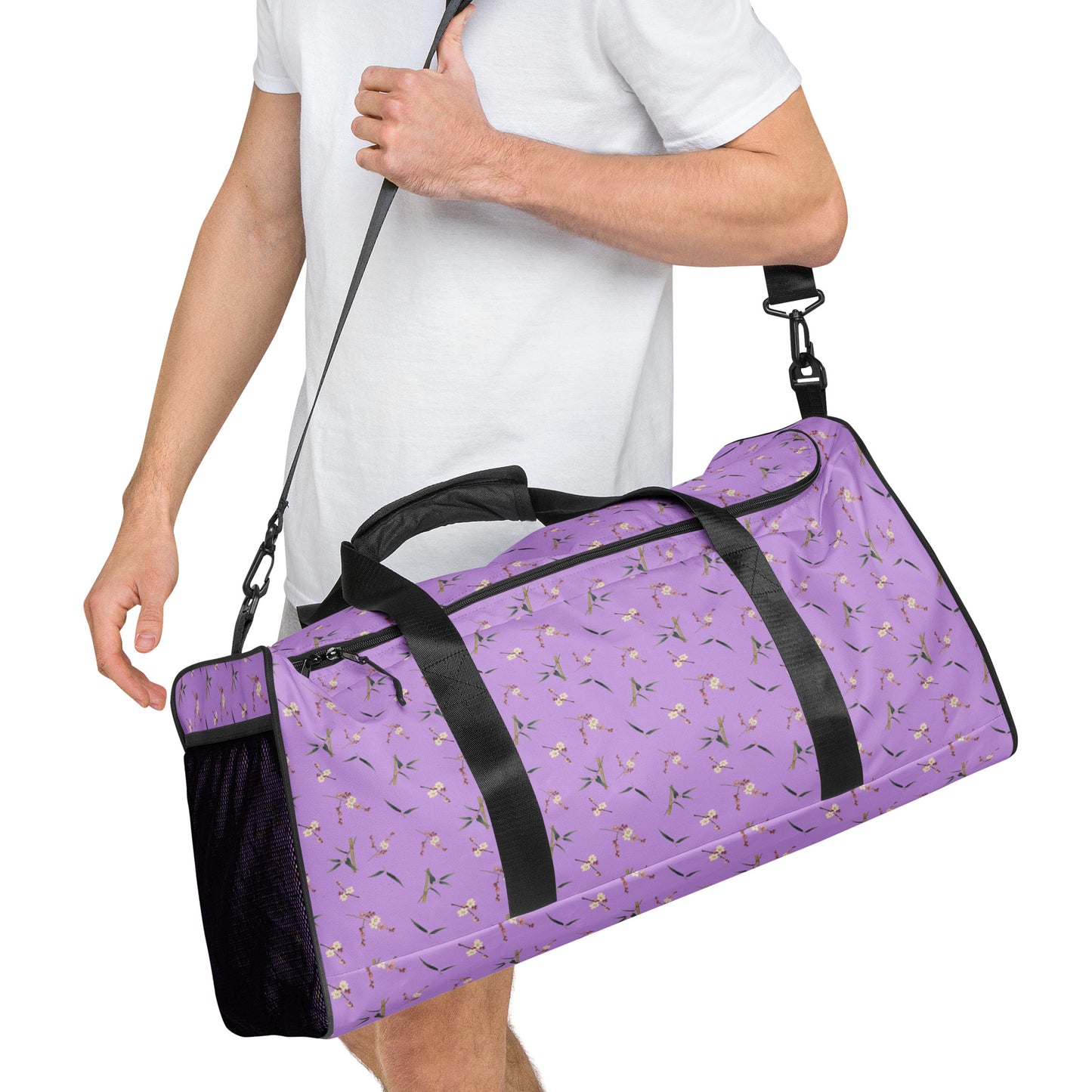 The Spirit of Flowers in Twelve Months｜Crimson Plum Blossom and Lush Green Bamboo｜Duffle bag｜seamless print｜Lilac