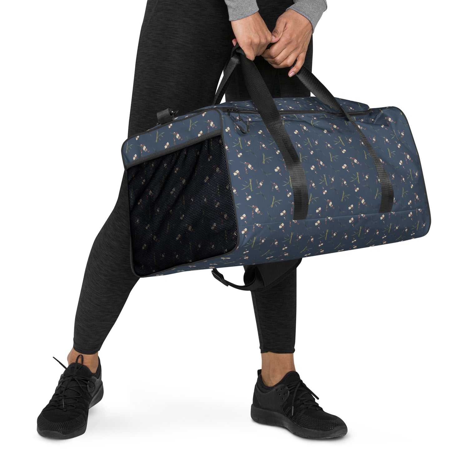 The Spirit of Flowers in Twelve Months｜Crimson Plum Blossom and Lush Green Bamboo｜Duffle bag｜seamless print｜Dark blue