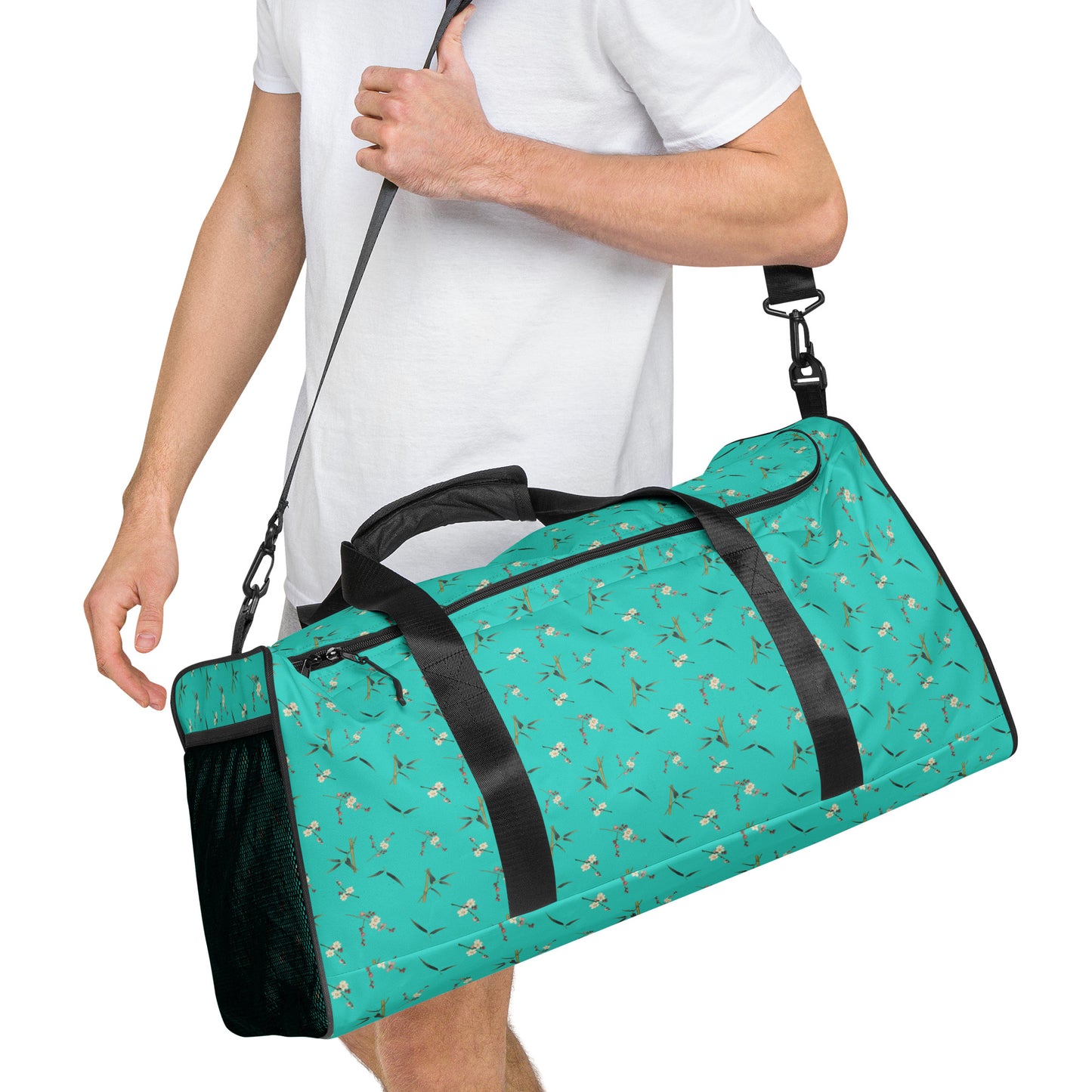 The Spirit of Flowers in Twelve Months｜Crimson Plum Blossom and Lush Green Bamboo｜Duffle bag｜seamless print｜Turquoise