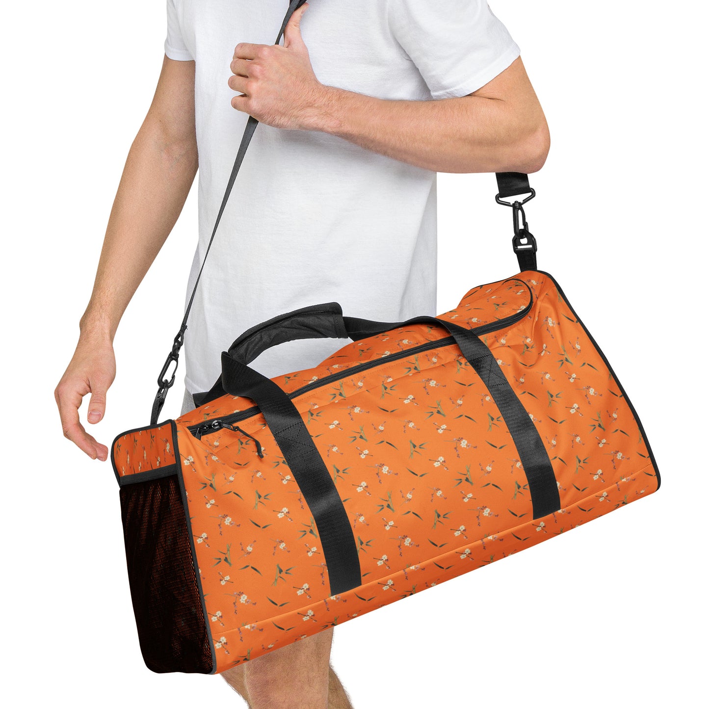 The Spirit of Flowers in Twelve Months｜Crimson Plum Blossom and Lush Green Bamboo｜Duffle bag｜seamless print｜Orange