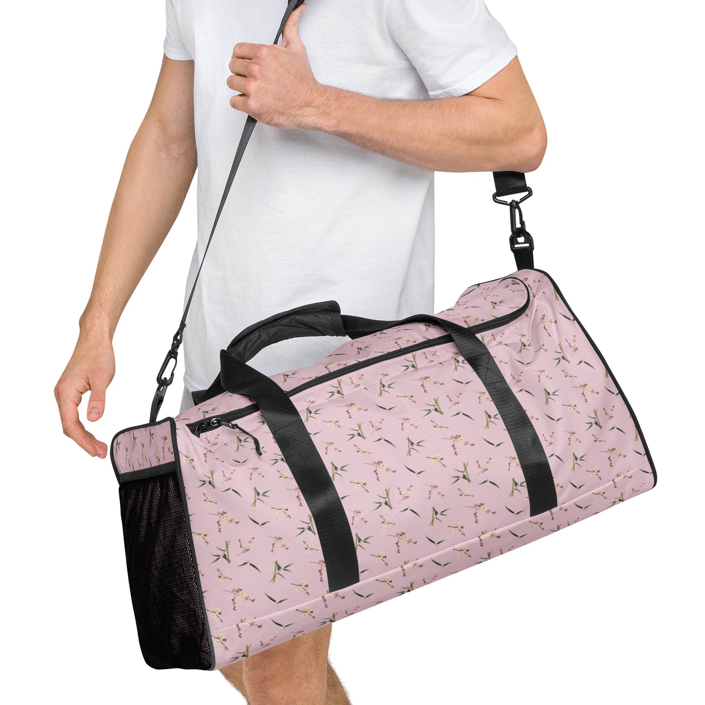 The Spirit of Flowers in Twelve Months｜Crimson Plum Blossom and Lush Green Bamboo｜Duffle bag｜seamless print｜Pale pinkish gray