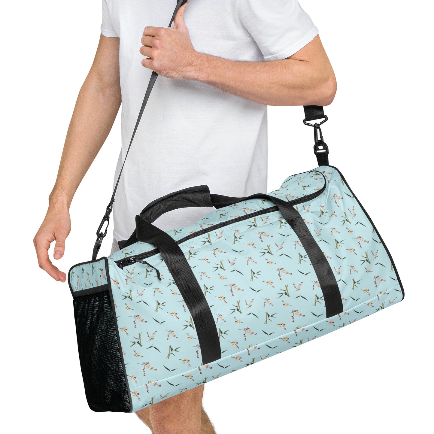 The Spirit of Flowers in Twelve Months｜Crimson Plum Blossom and Lush Green Bamboo｜Duffle bag｜seamless print｜Aqua blue