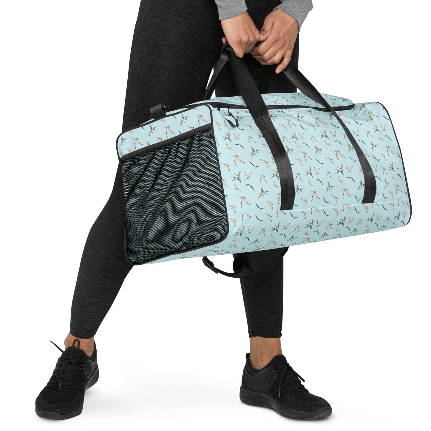 The Spirit of Flowers in Twelve Months｜Crimson Plum Blossom and Lush Green Bamboo｜Duffle bag｜seamless print｜Aqua blue