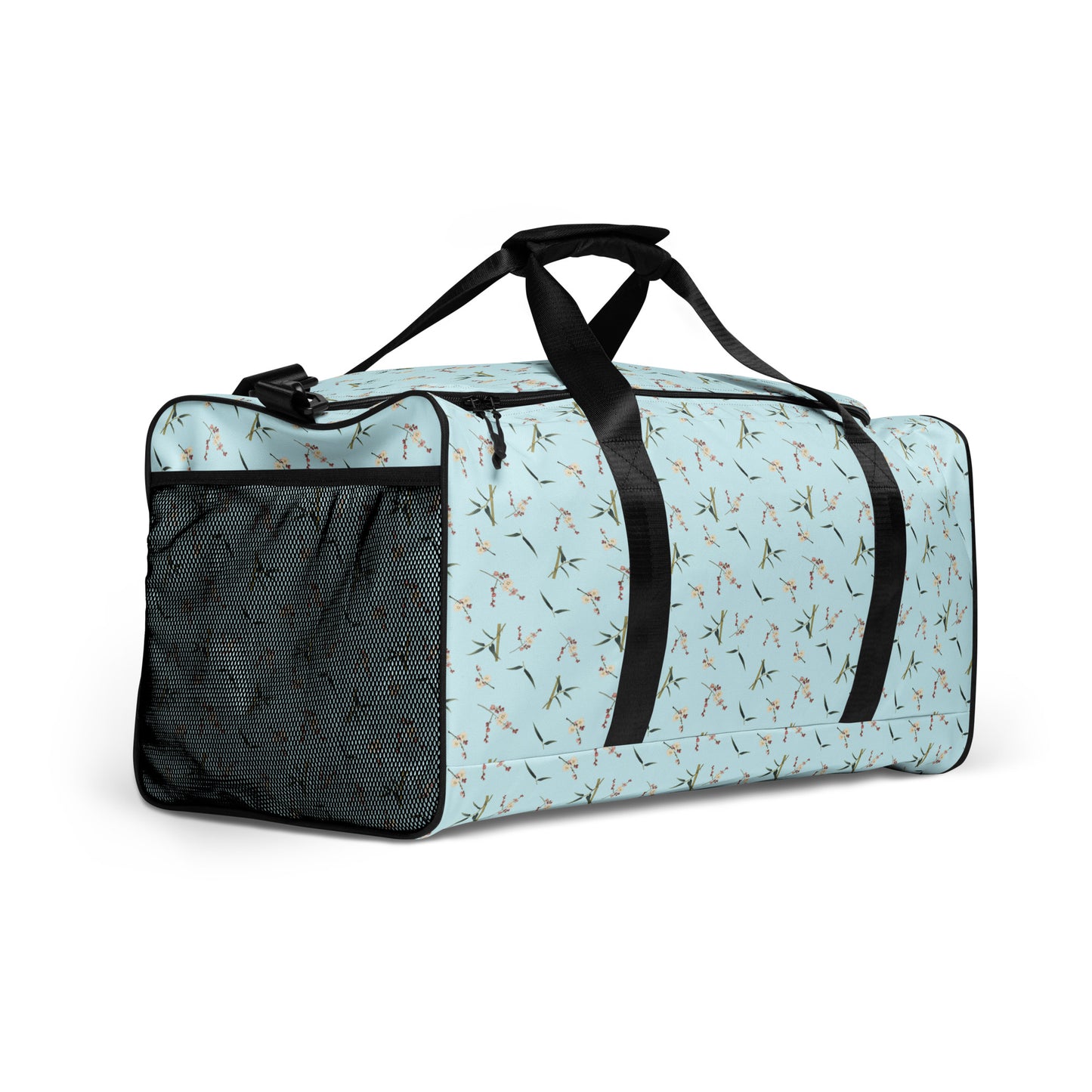 The Spirit of Flowers in Twelve Months｜Crimson Plum Blossom and Lush Green Bamboo｜Duffle bag｜seamless print｜Aqua blue