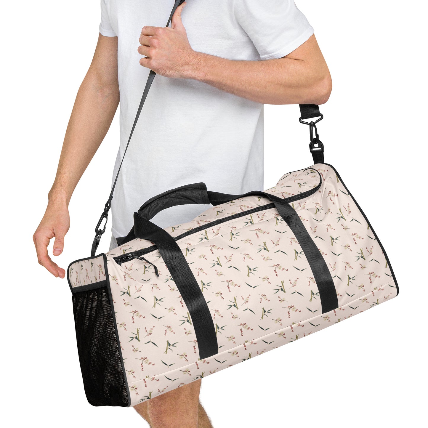 The Spirit of Flowers in Twelve Months｜Crimson Plum Blossom and Lush Green Bamboo｜Duffle bag｜seamless print｜Fish belly white