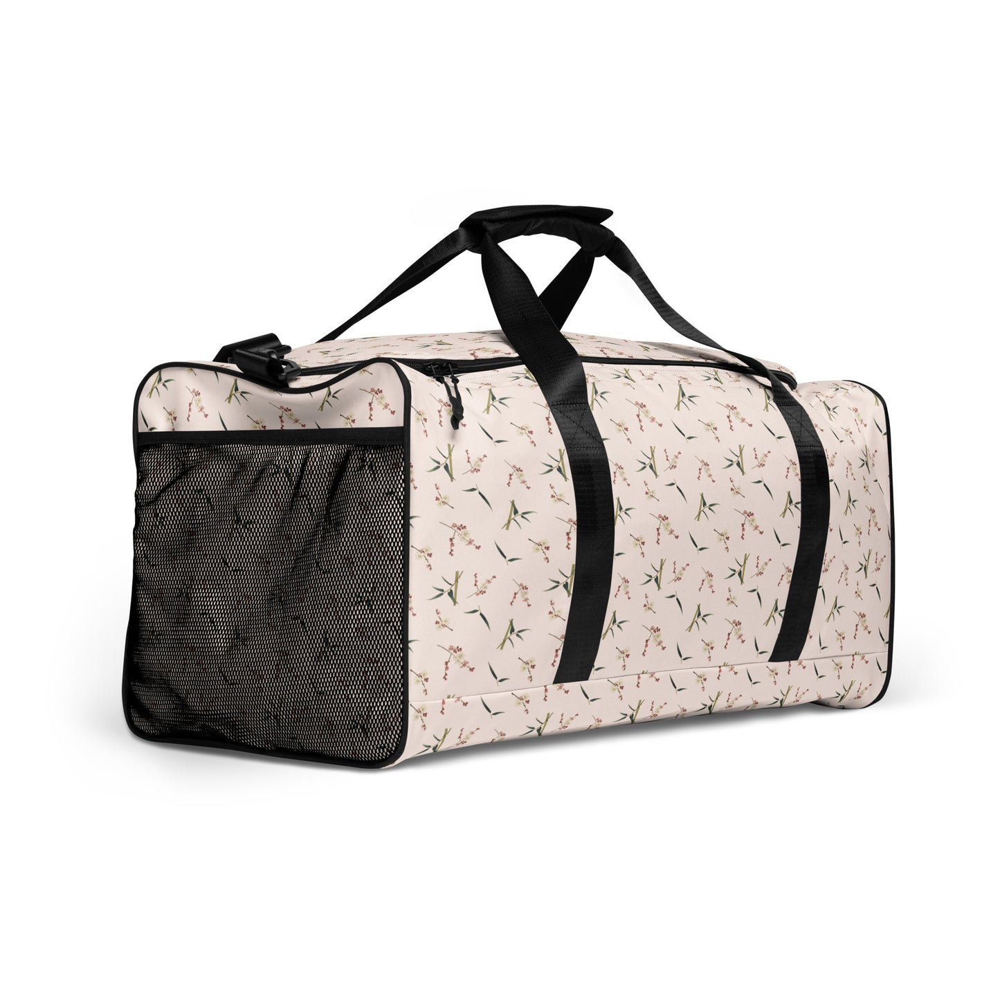 The Spirit of Flowers in Twelve Months｜Crimson Plum Blossom and Lush Green Bamboo｜Duffle bag｜seamless print｜Fish belly white