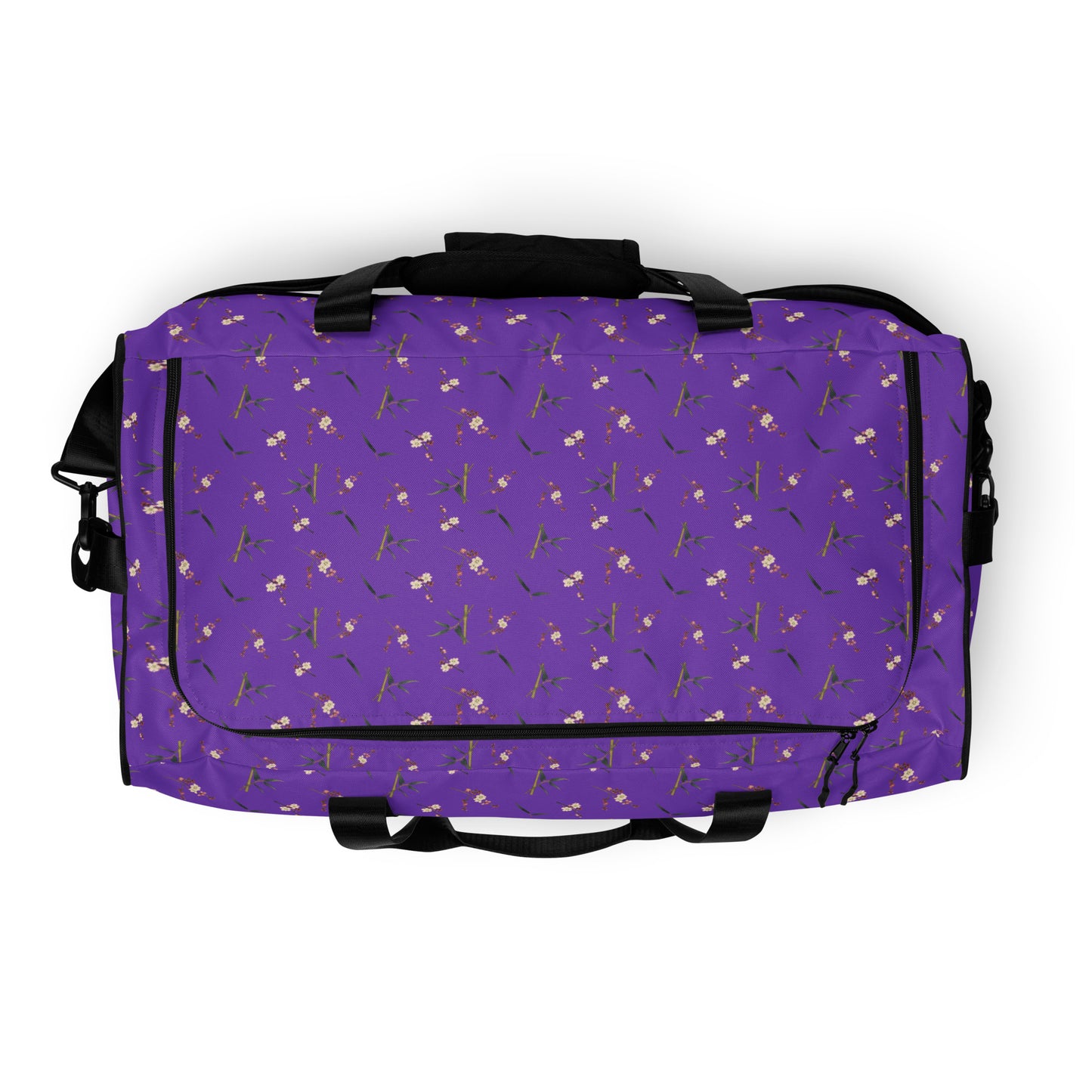 The Spirit of Flowers in Twelve Months｜Crimson Plum Blossom and Lush Green Bamboo｜Duffle bag｜seamless print｜Purple