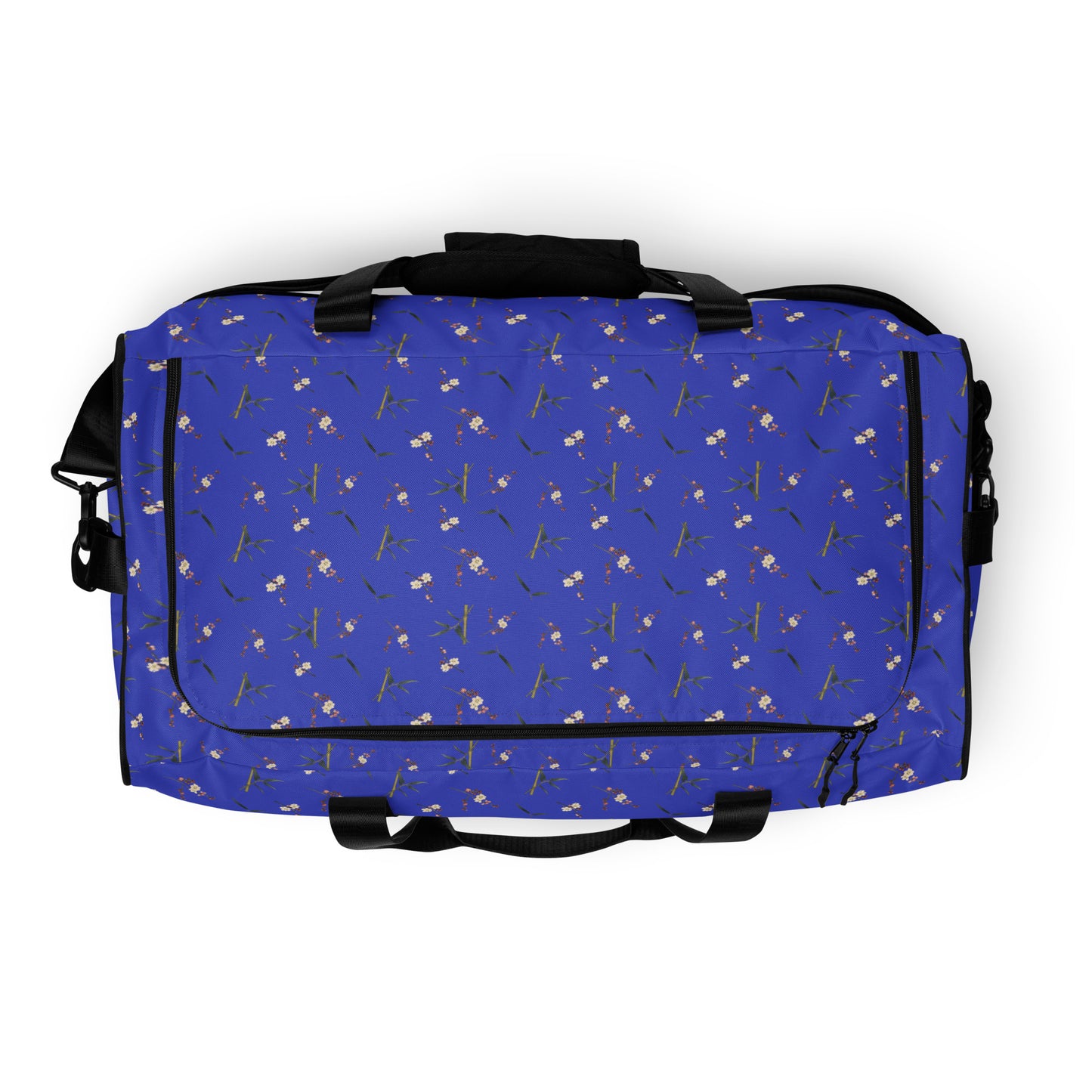 The Spirit of Flowers in Twelve Months｜Crimson Plum Blossom and Lush Green Bamboo｜Duffle bag｜seamless print｜Royal blue