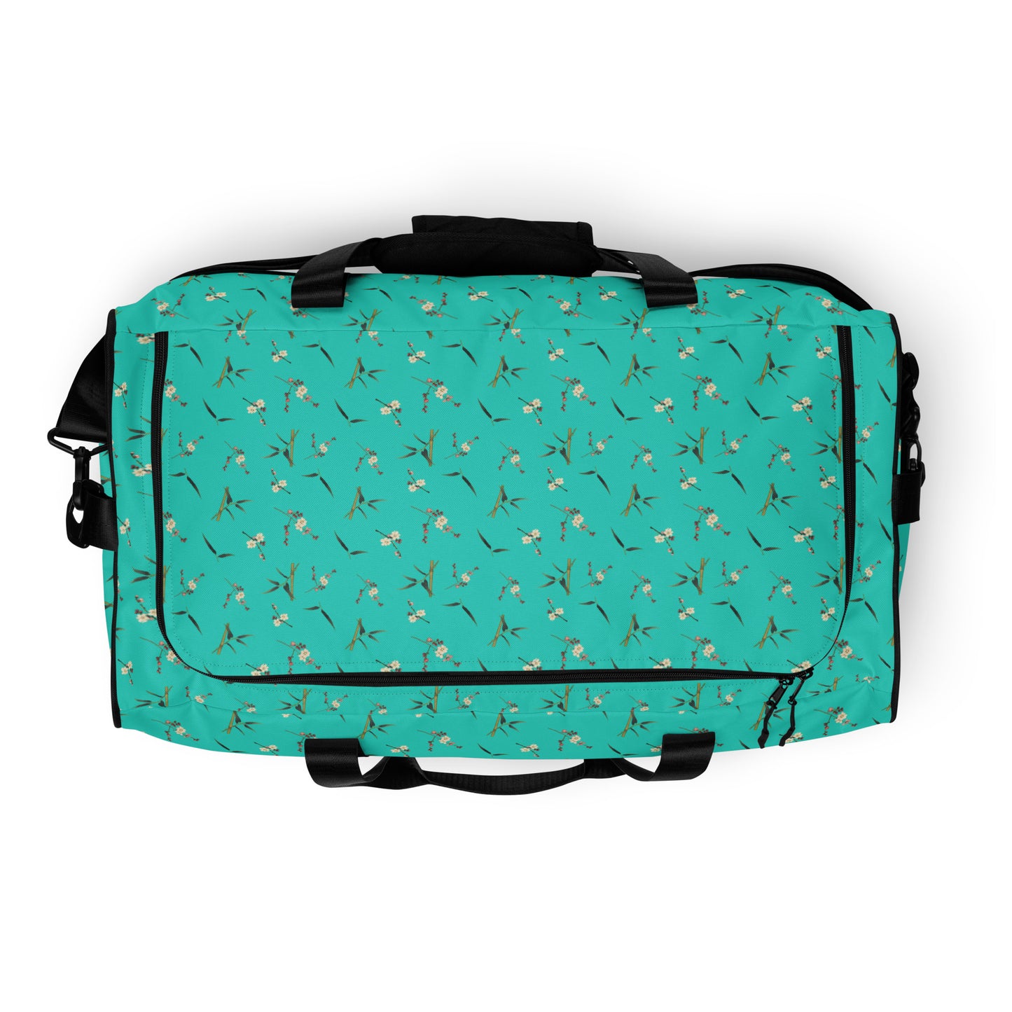 The Spirit of Flowers in Twelve Months｜Crimson Plum Blossom and Lush Green Bamboo｜Duffle bag｜seamless print｜Turquoise