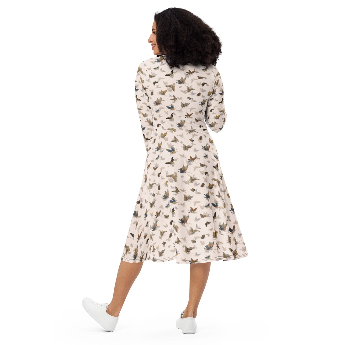 Butterfly dancing｜ long sleeve midi dress｜Fish belly white