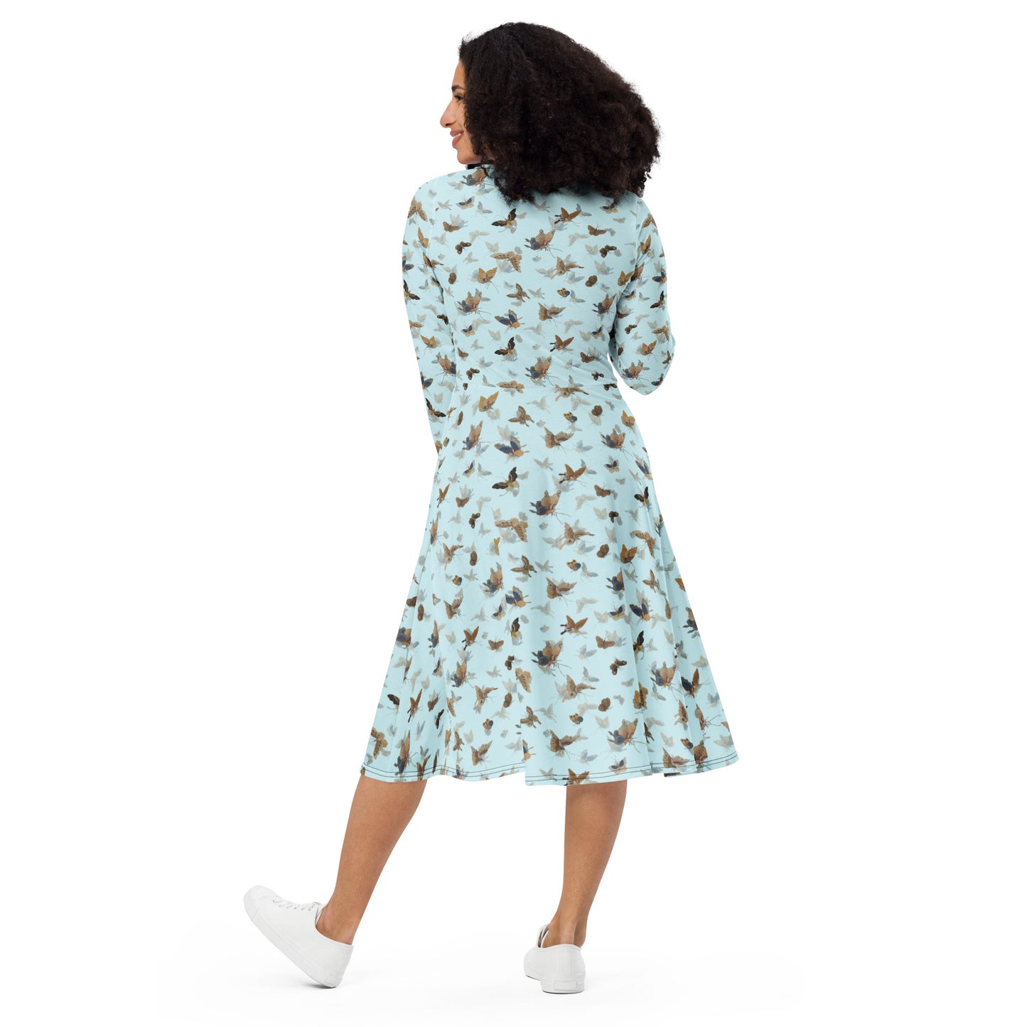 Butterfly dancing｜ long sleeve midi dress｜Aqua blue