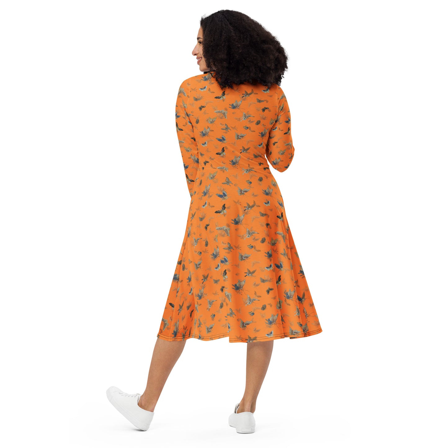 Butterfly dancing｜ long sleeve midi dress｜Orange