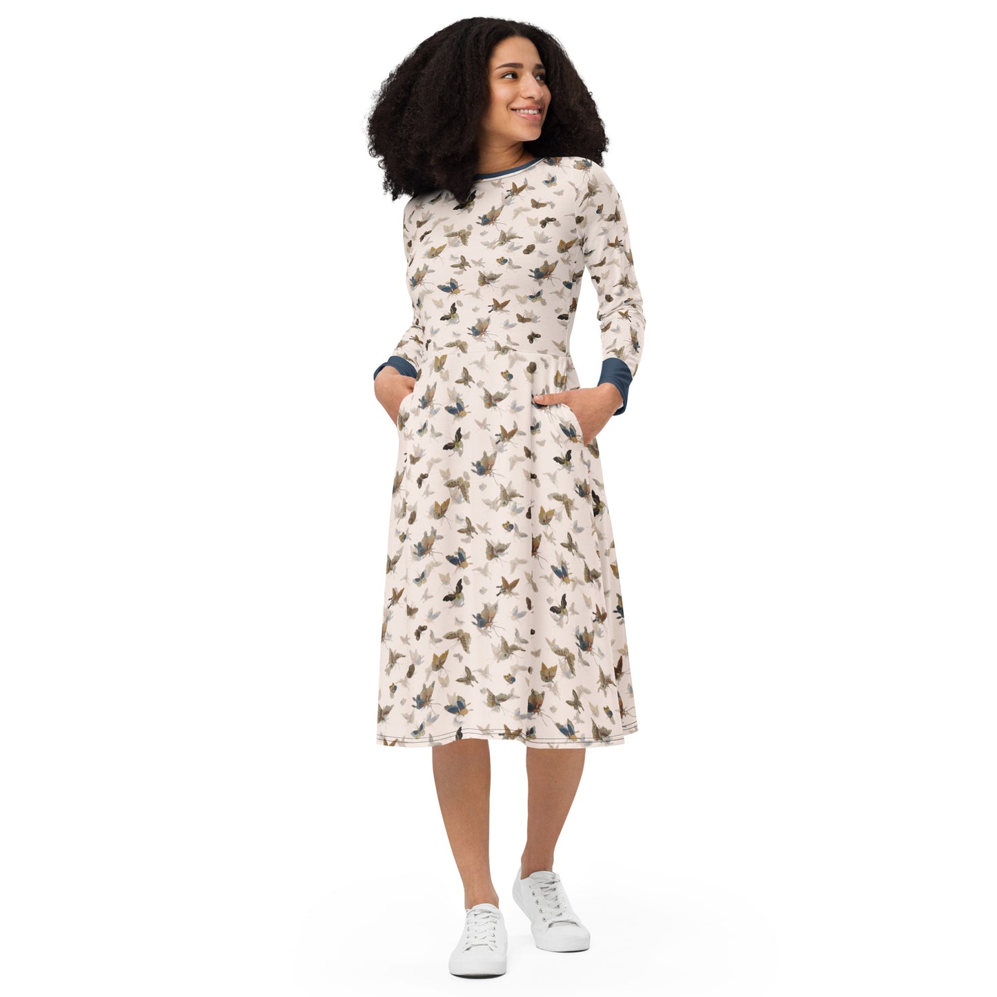 Butterfly dancing｜ long sleeve midi dress｜Fish belly white