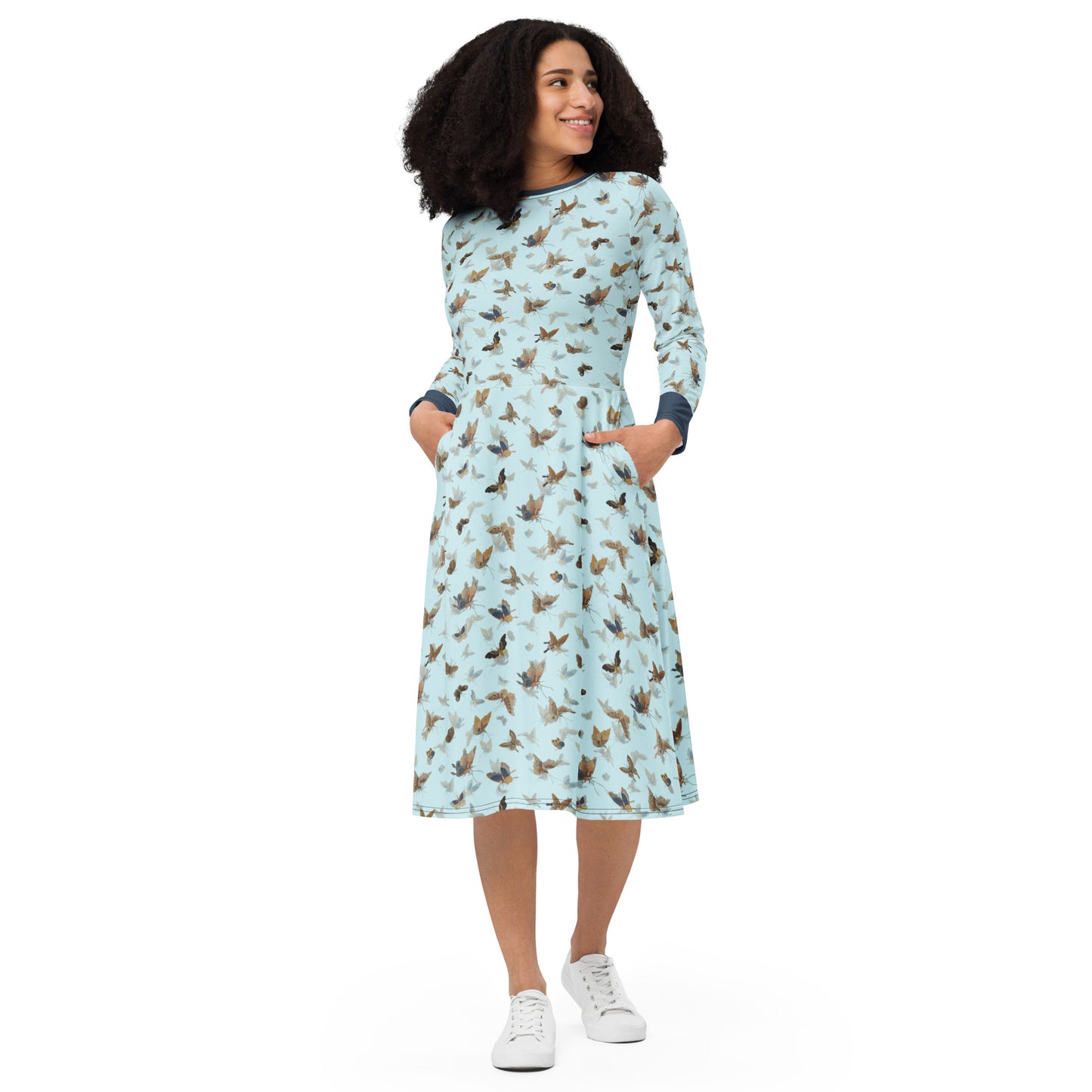 Butterfly dancing｜ long sleeve midi dress｜Aqua blue