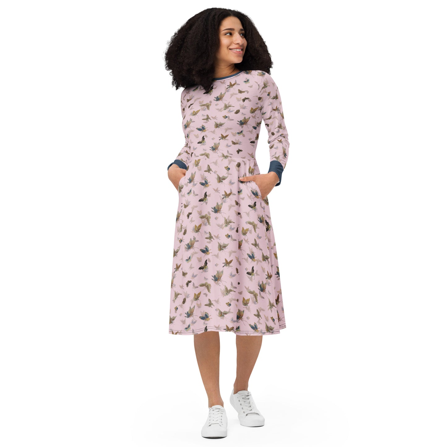 Butterfly dancing｜ long sleeve midi dress｜Pale pinkish gray