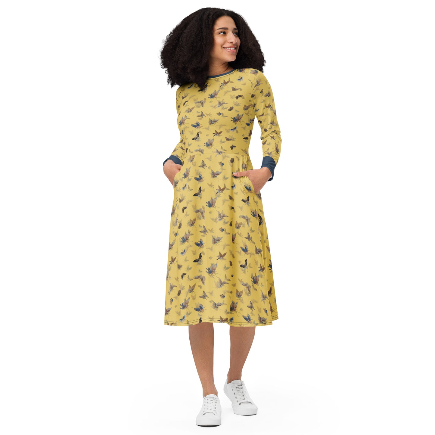 Butterfly dancing｜ long sleeve midi dress｜Gold