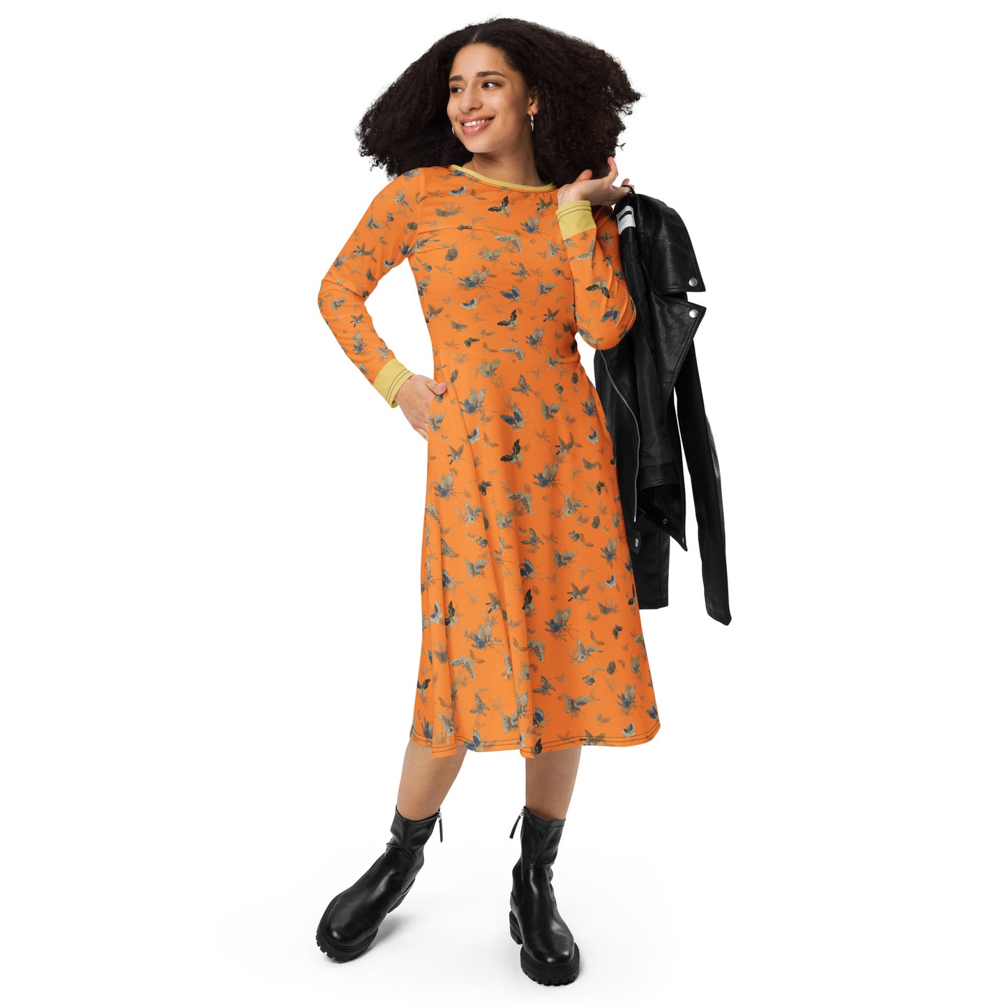 Butterfly dancing｜ long sleeve midi dress｜Orange