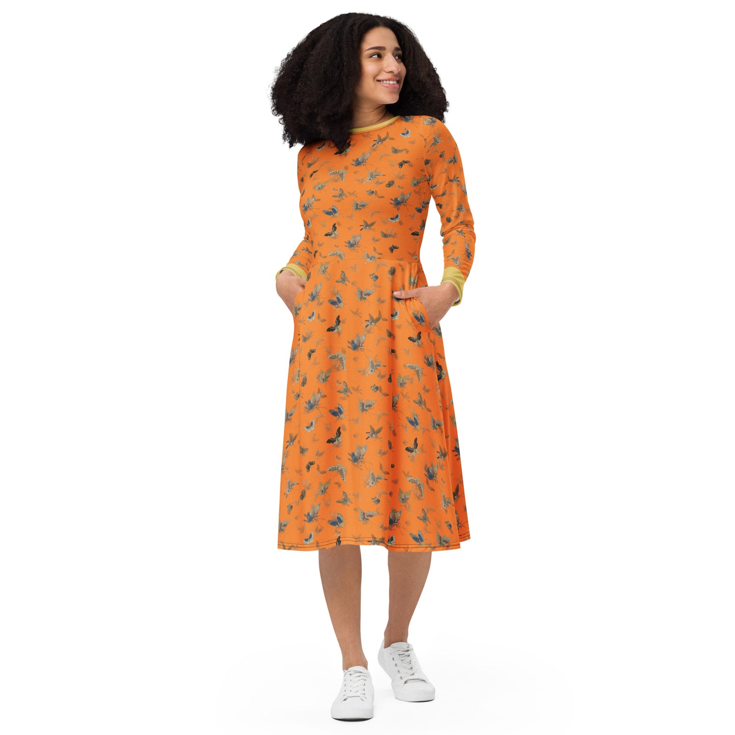 Butterfly dancing｜ long sleeve midi dress｜Orange