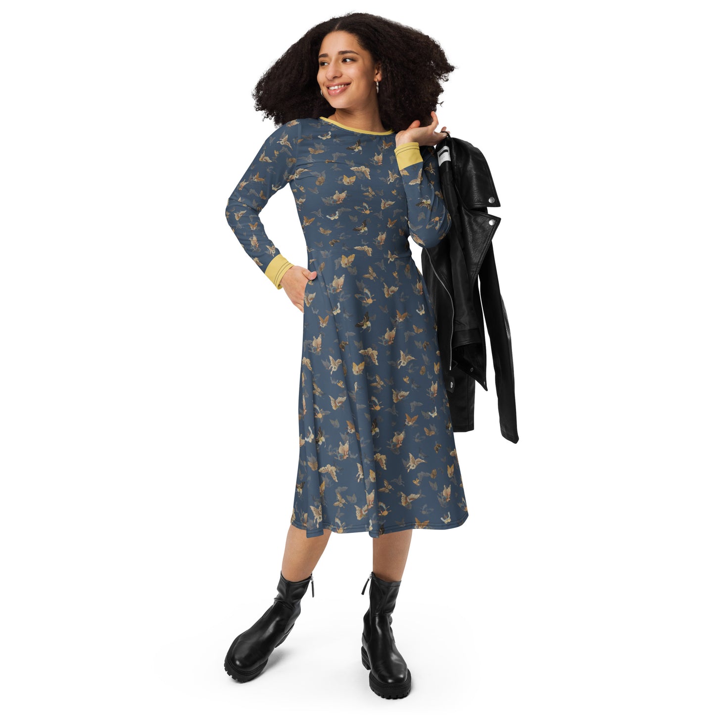 Butterfly dancing｜ long sleeve midi dress｜Dark blue