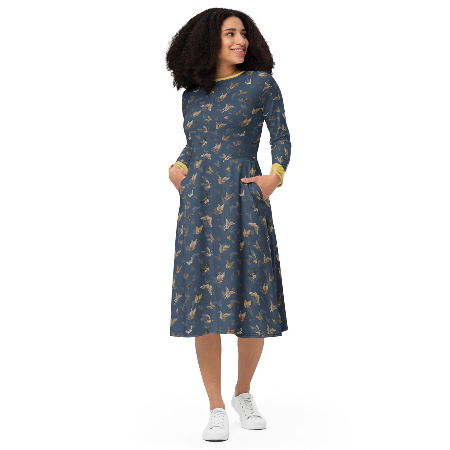 Butterfly dancing｜ long sleeve midi dress｜Dark blue