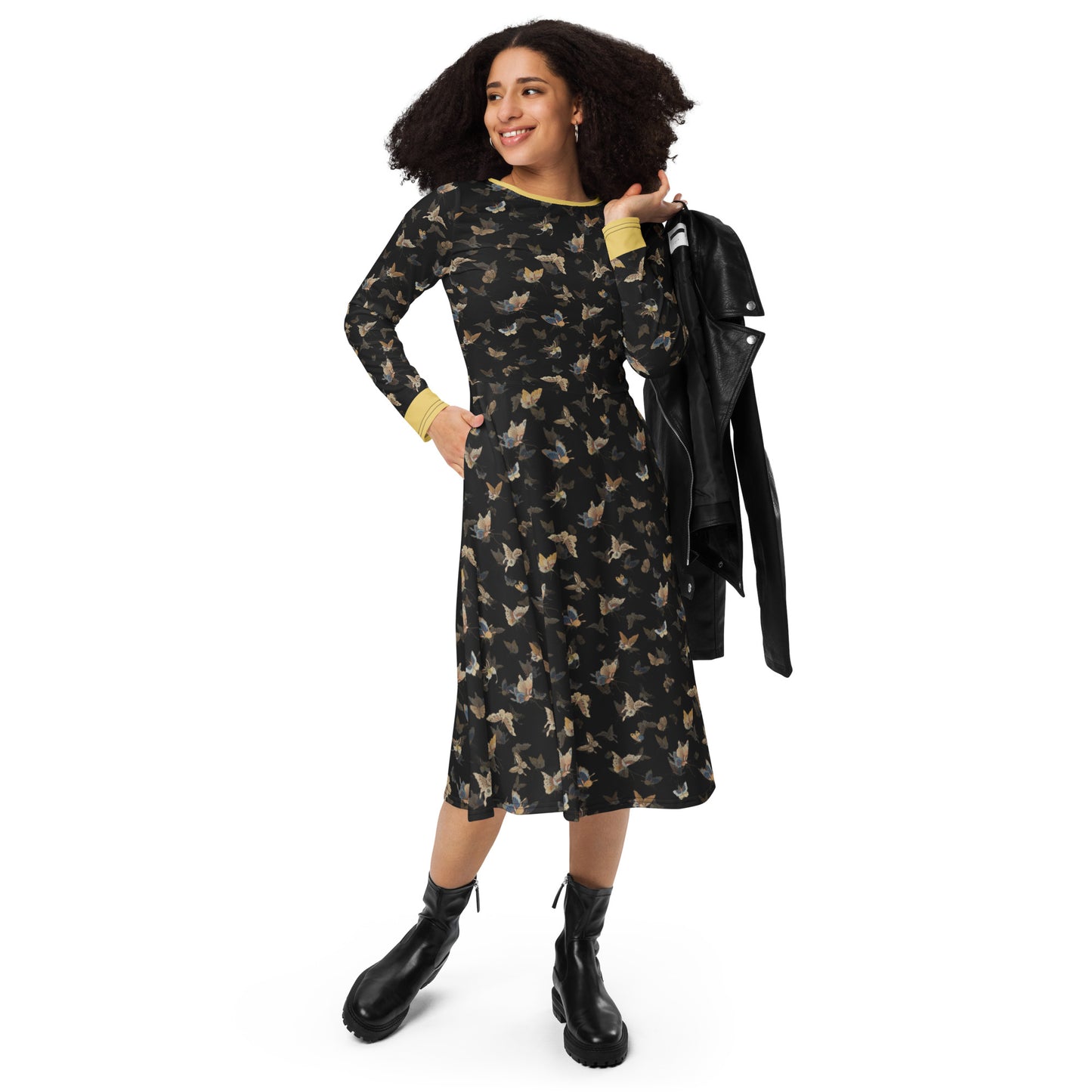 Butterfly dancing｜ long sleeve midi dress｜Black