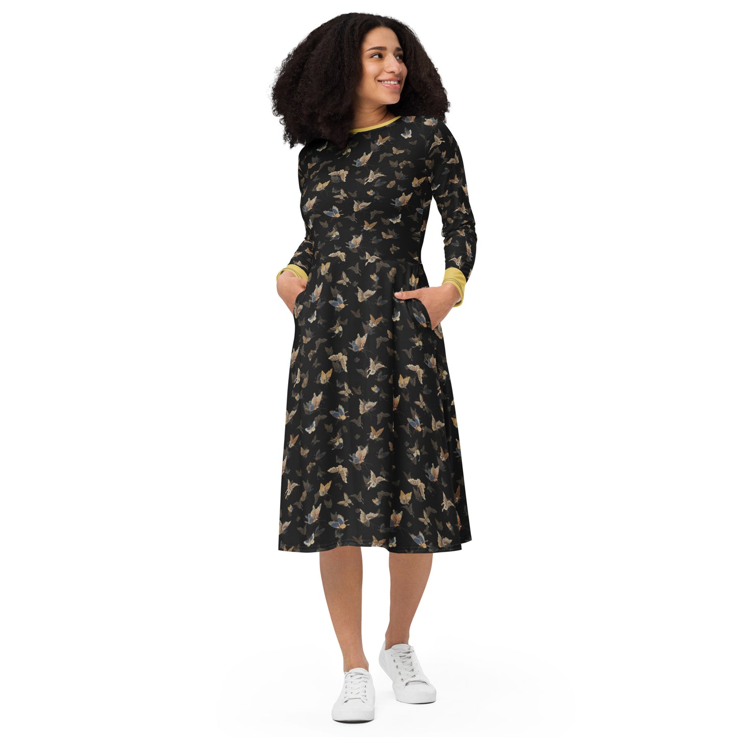 Butterfly dancing｜ long sleeve midi dress｜Black