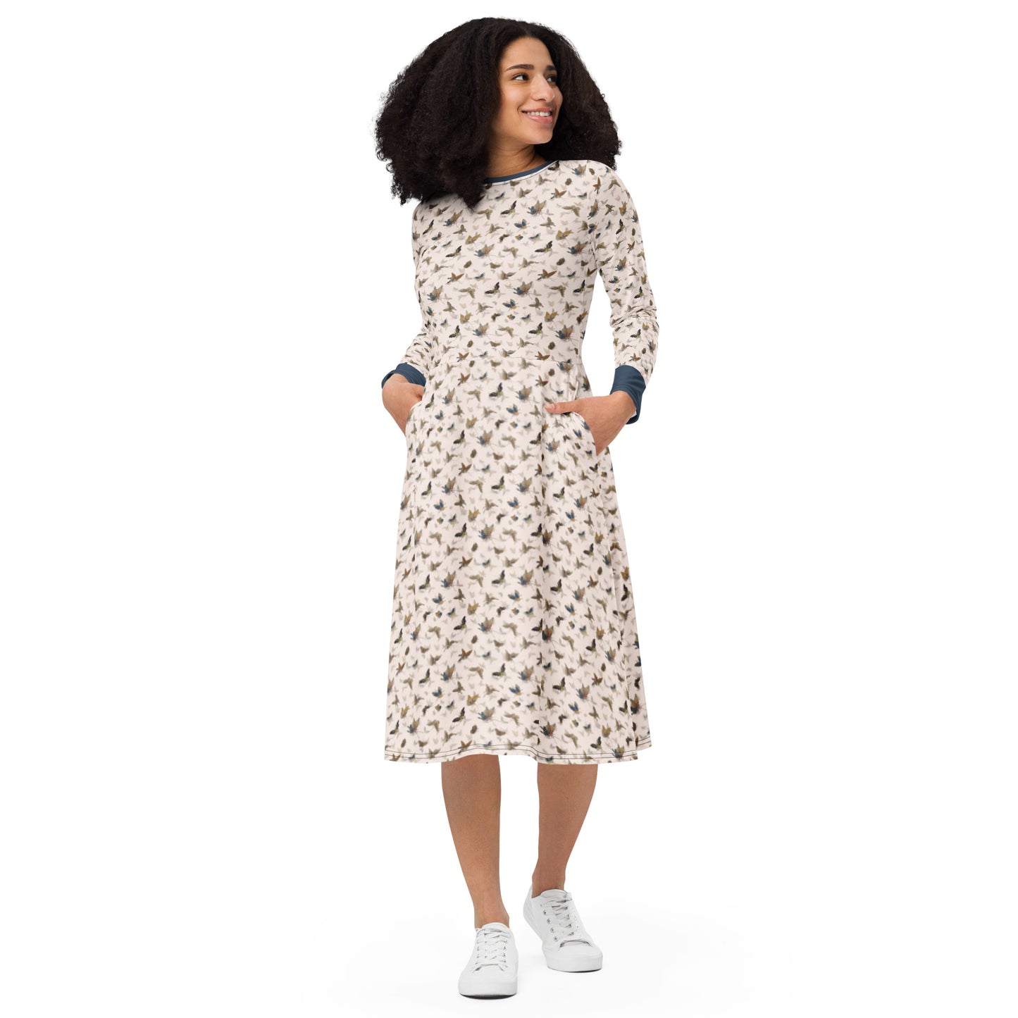 Butterfly dancing｜ long sleeve midi dress｜Fish belly white