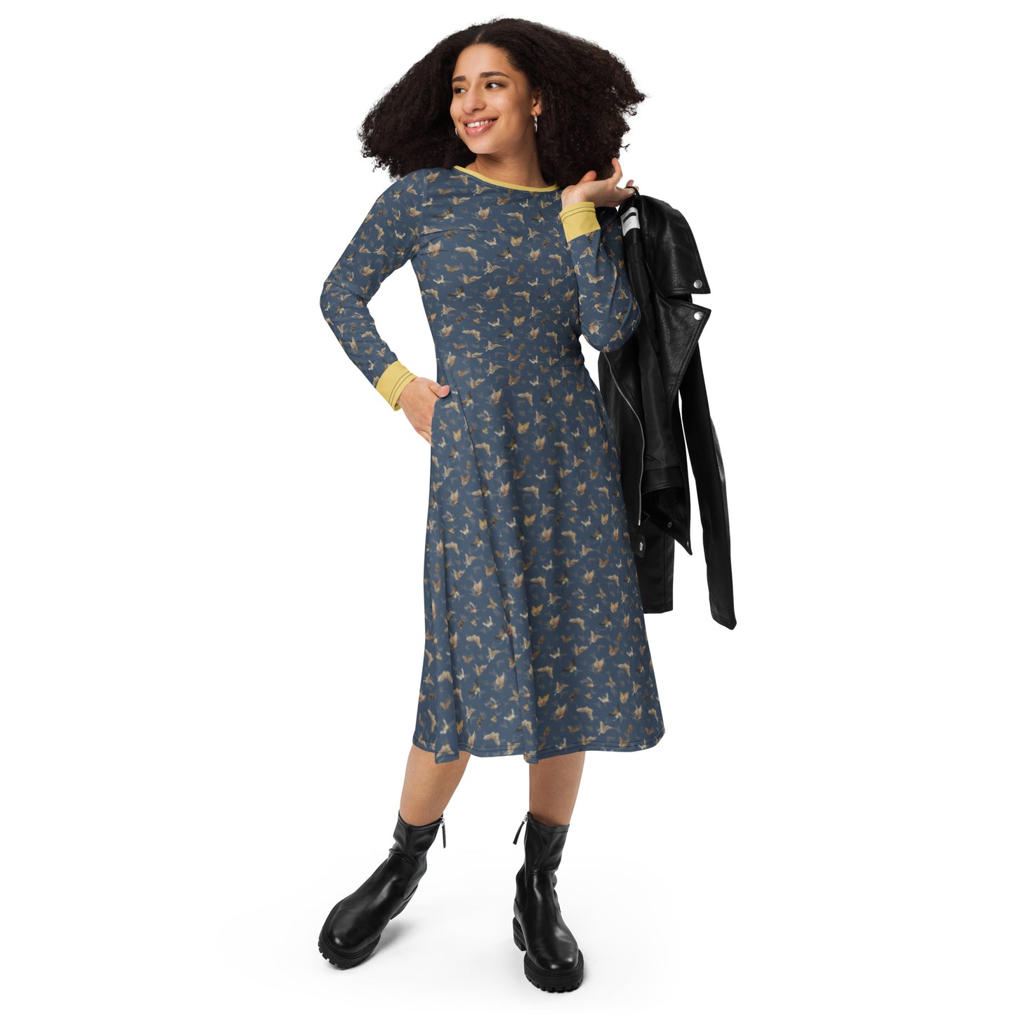 Butterfly dancing｜ long sleeve midi dress｜Dark blue