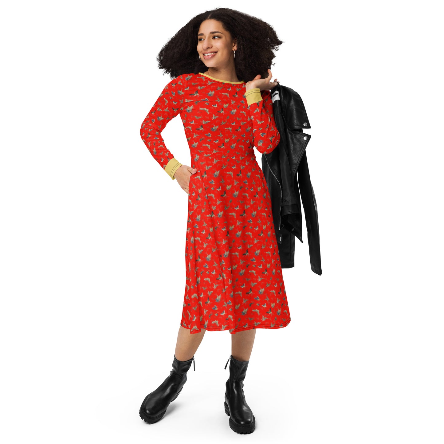 Butterfly dancing｜ long sleeve midi dress｜Garnet red