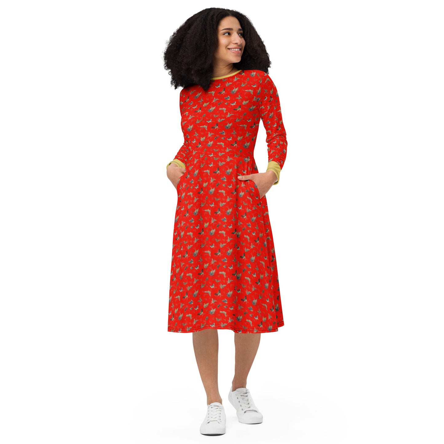 Butterfly dancing｜ long sleeve midi dress｜Garnet red