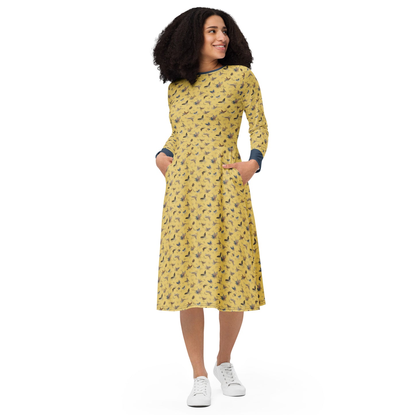 Butterfly dancing｜ long sleeve midi dress｜Gold