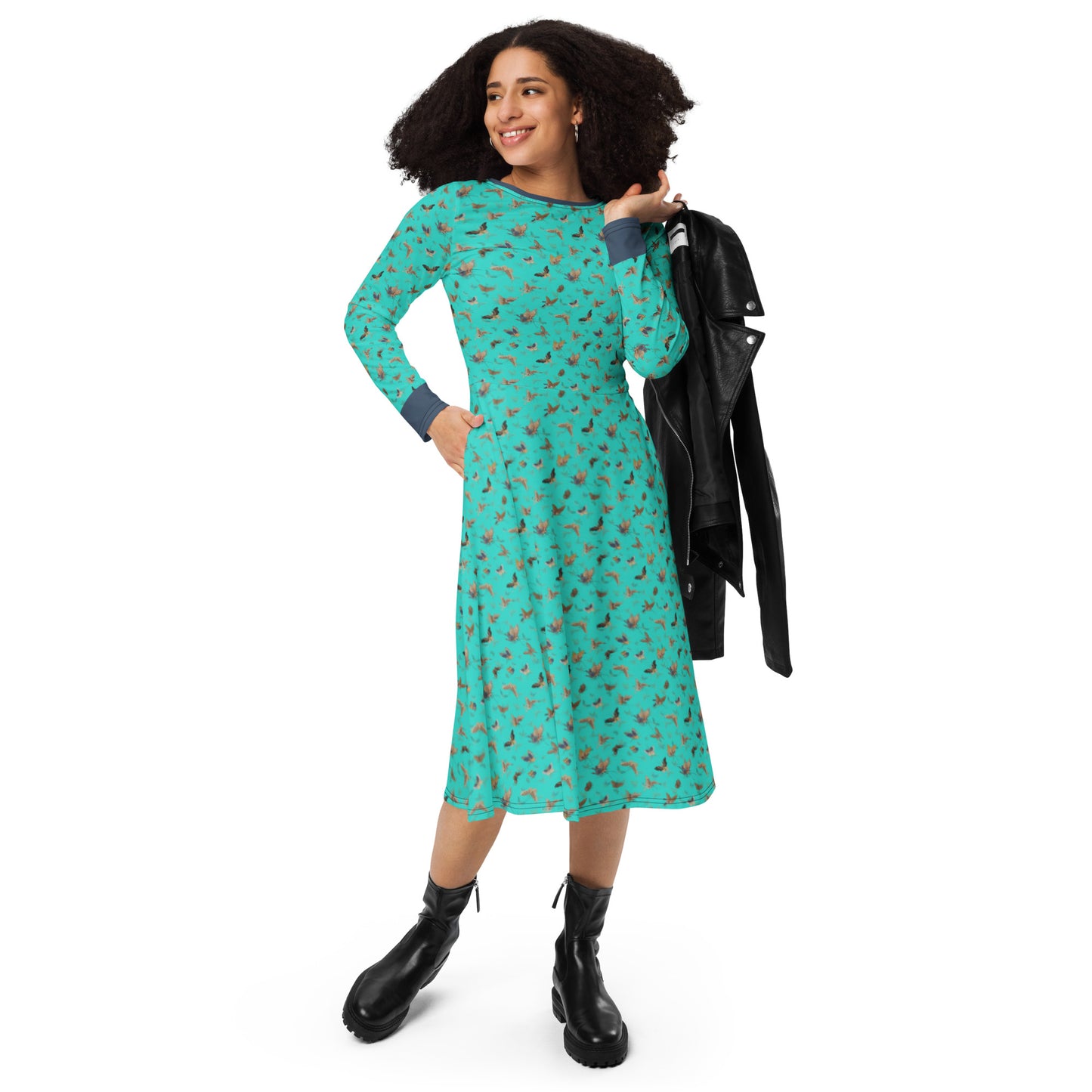 Butterfly dancing｜ long sleeve midi dress｜Turquoise