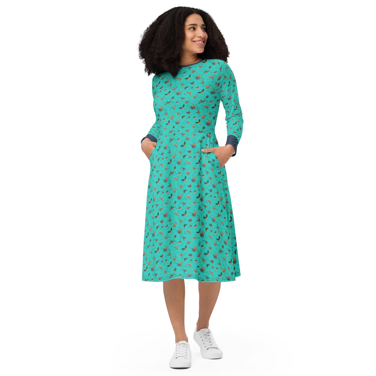 Butterfly dancing｜ long sleeve midi dress｜Turquoise