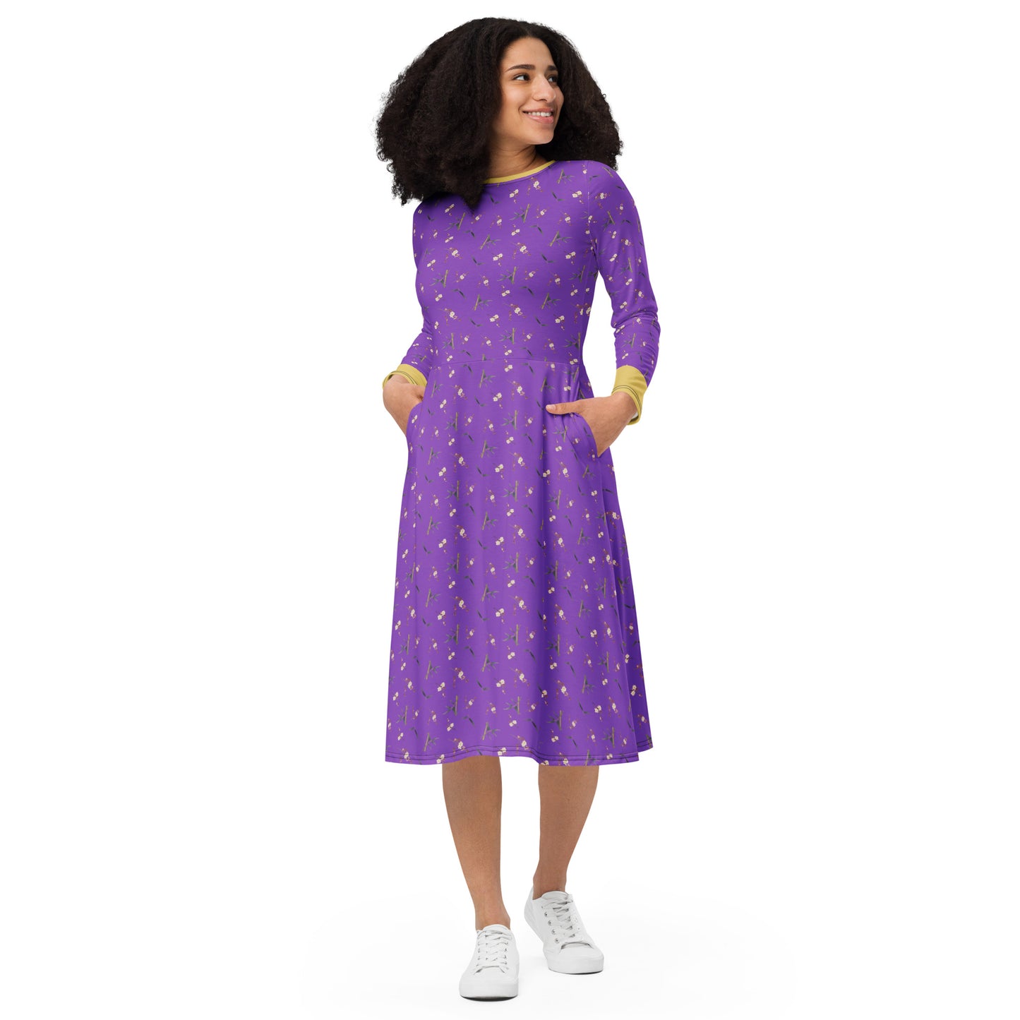 The Spirit of Flowers in Twelve Months｜Crimson Plum Blossom and Lush Green Bamboo｜Long sleeve midi dress｜seamless print｜Purple