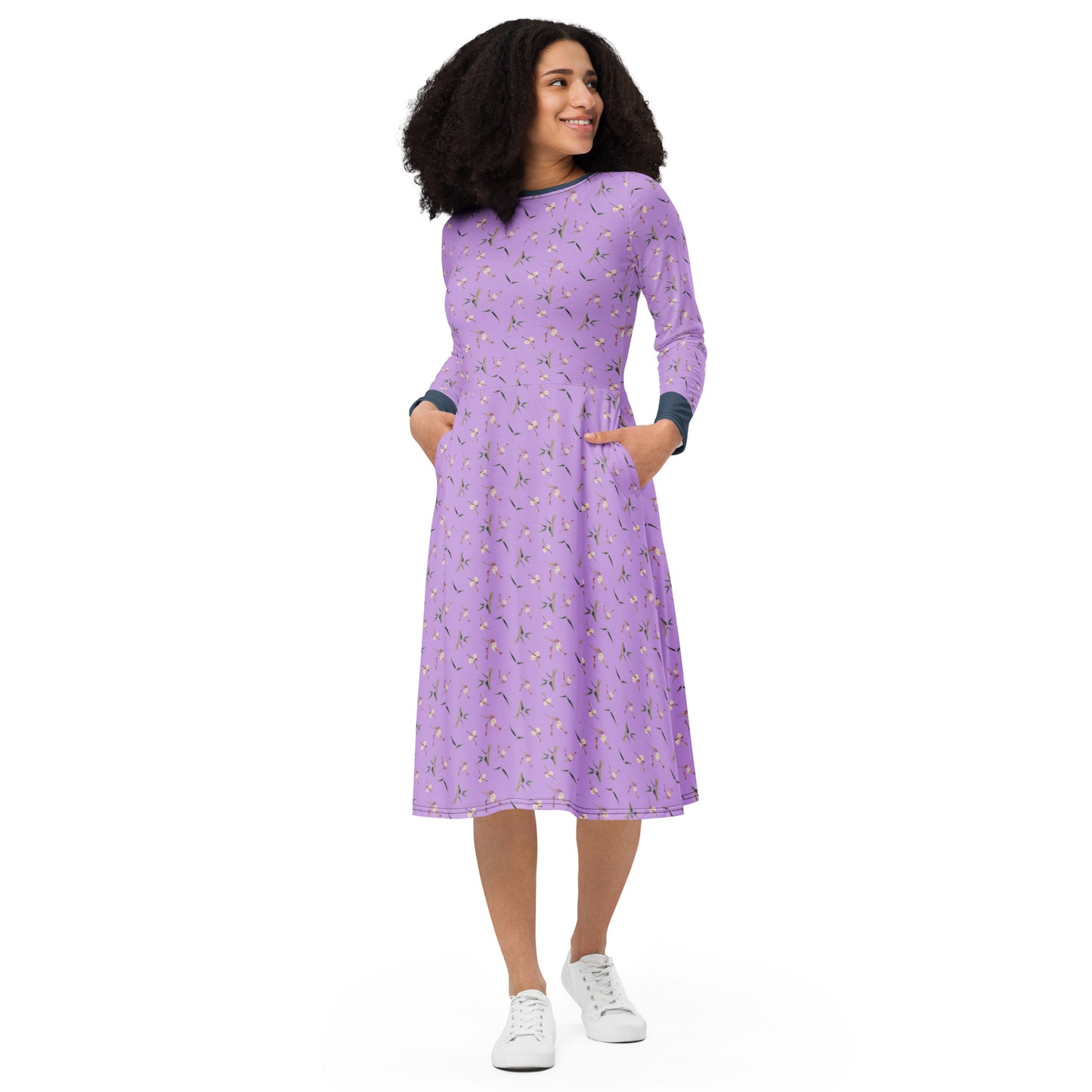 The Spirit of Flowers in Twelve Months｜Crimson Plum Blossom and Lush Green Bamboo｜Long sleeve midi dress｜seamless print｜Lilac