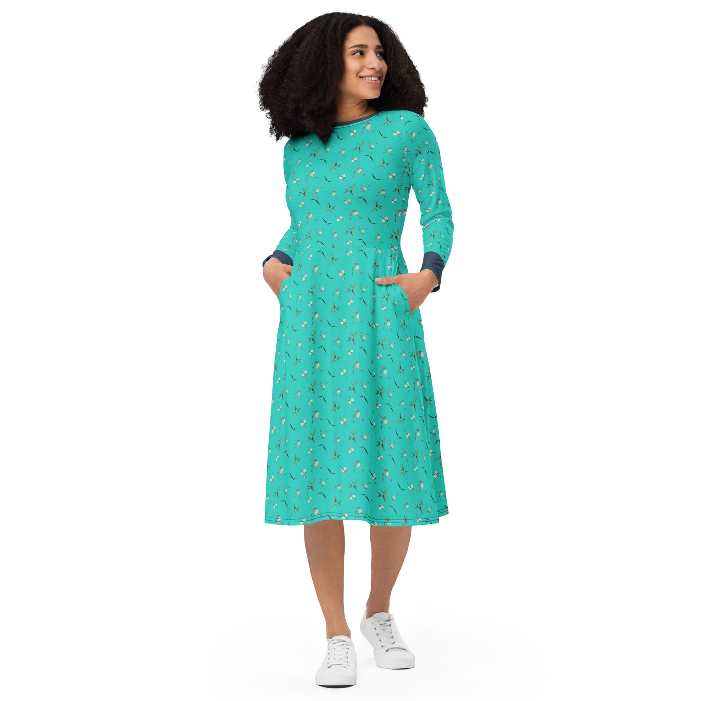 The Spirit of Flowers in Twelve Months｜Crimson Plum Blossom and Lush Green Bamboo｜Long sleeve midi dress｜seamless print｜Turquoise