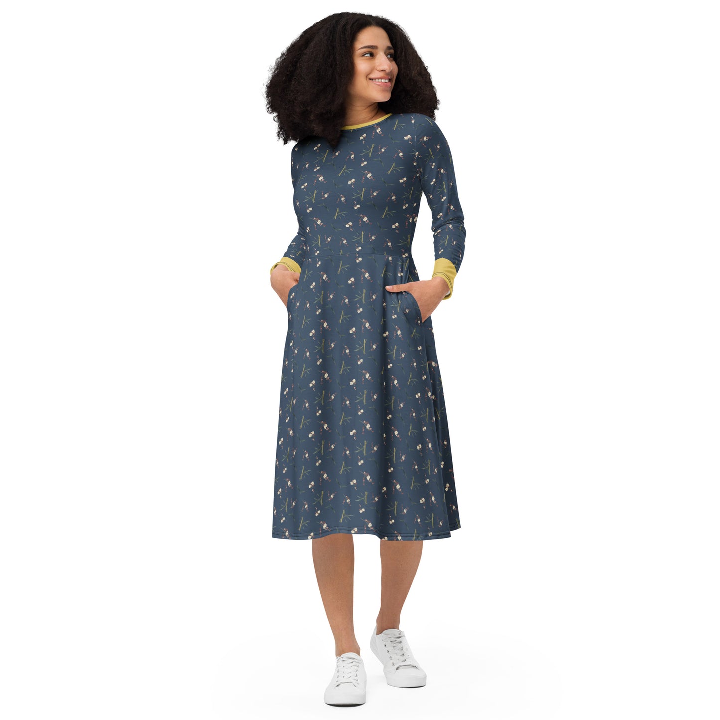 The Spirit of Flowers in Twelve Months｜Crimson Plum Blossom and Lush Green Bamboo｜Long sleeve midi dress｜seamless print｜Dark blue