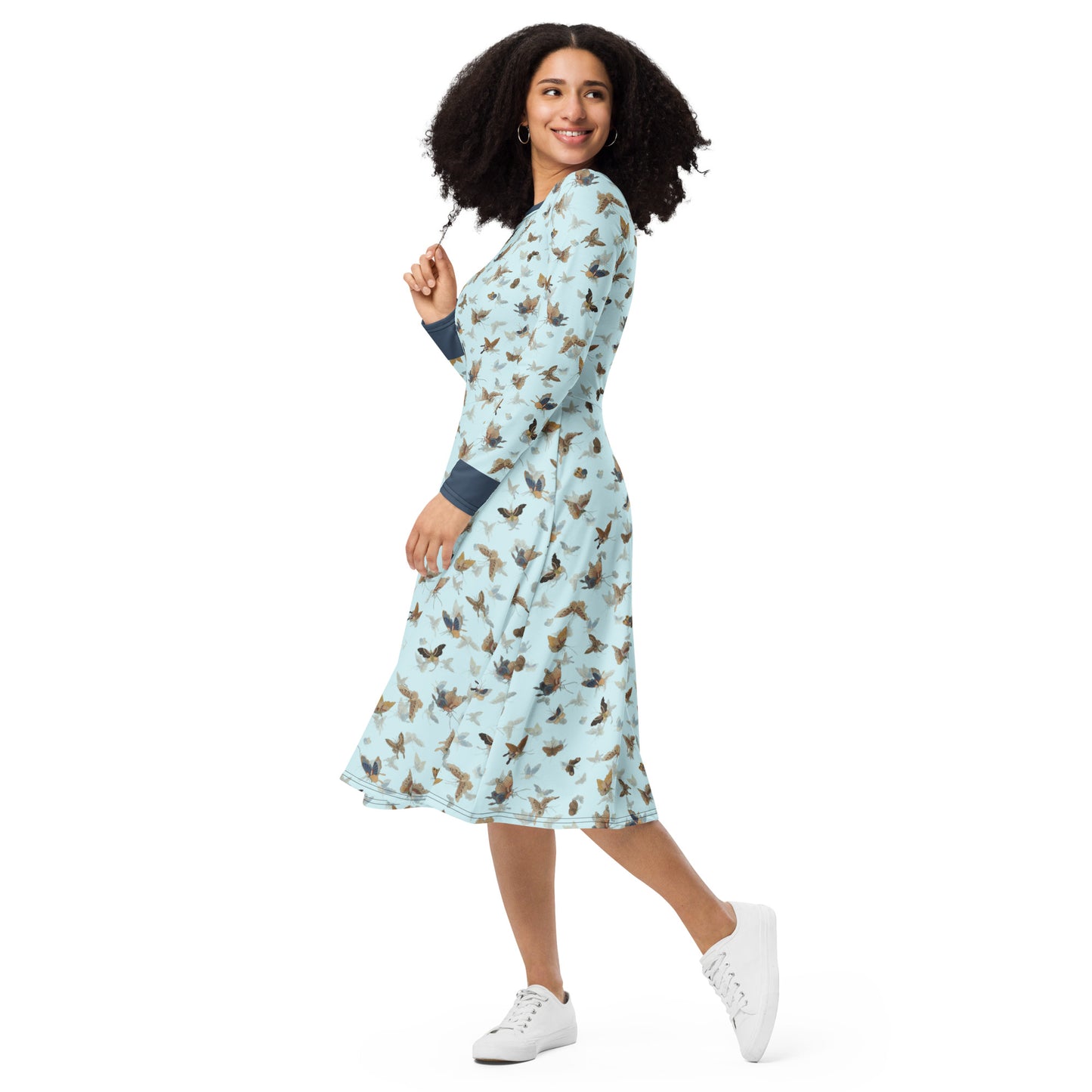 Butterfly dancing｜ long sleeve midi dress｜Aqua blue