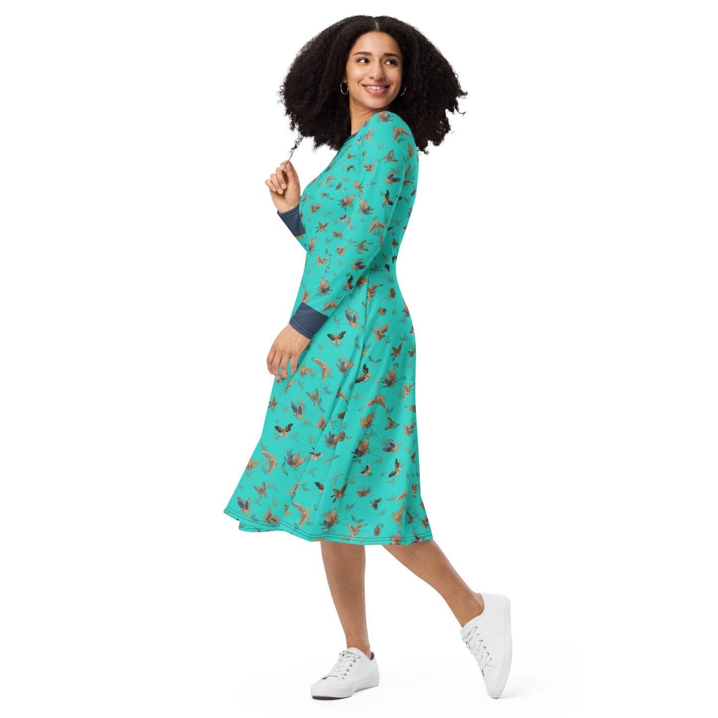 Butterfly dancing｜ long sleeve midi dress｜Turquoise