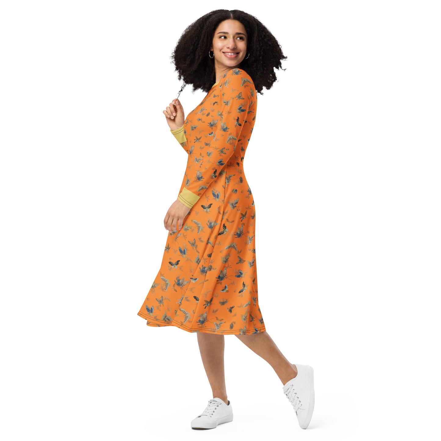 Butterfly dancing｜ long sleeve midi dress｜Orange