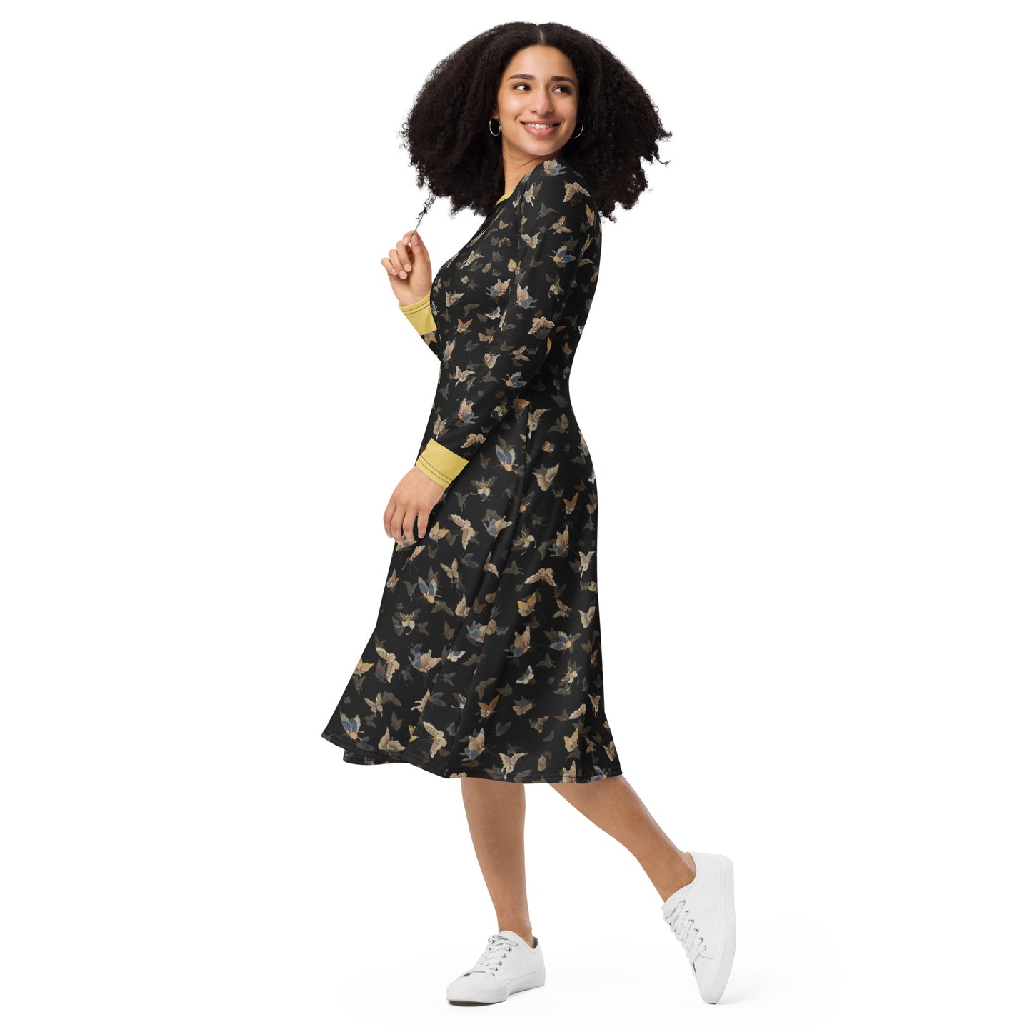 Butterfly dancing｜ long sleeve midi dress｜Black