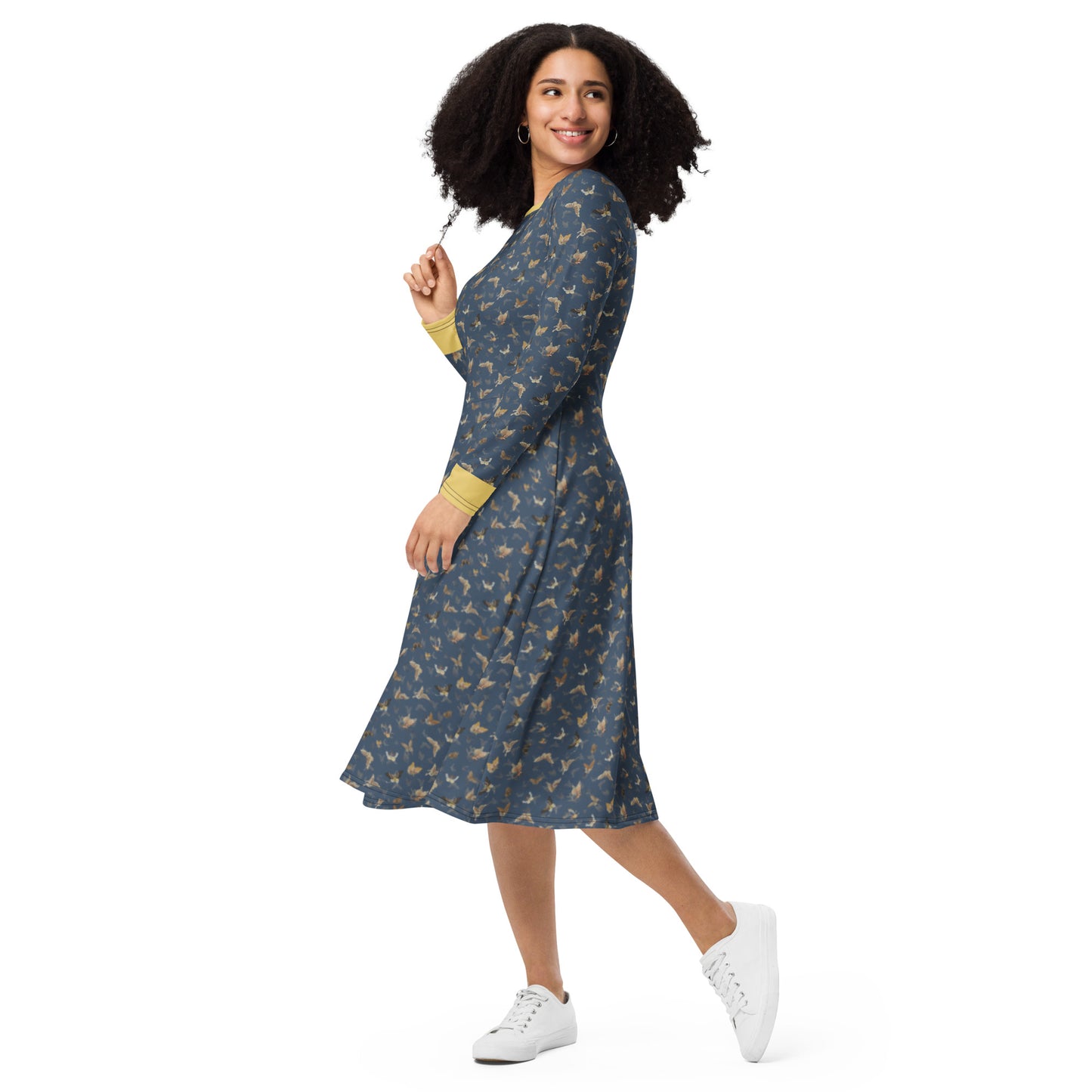 Butterfly dancing｜ long sleeve midi dress｜Dark blue