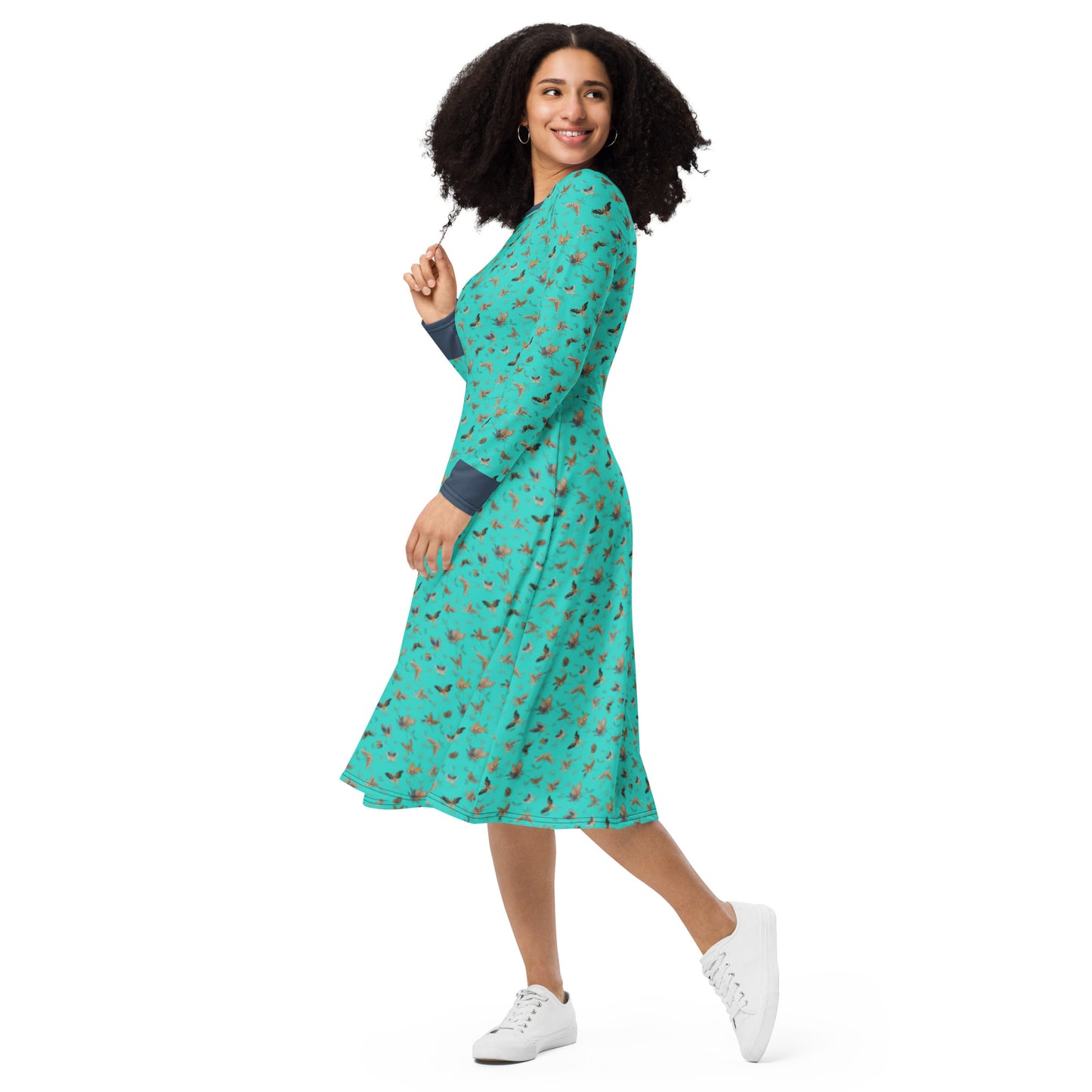 Butterfly dancing｜ long sleeve midi dress｜Turquoise