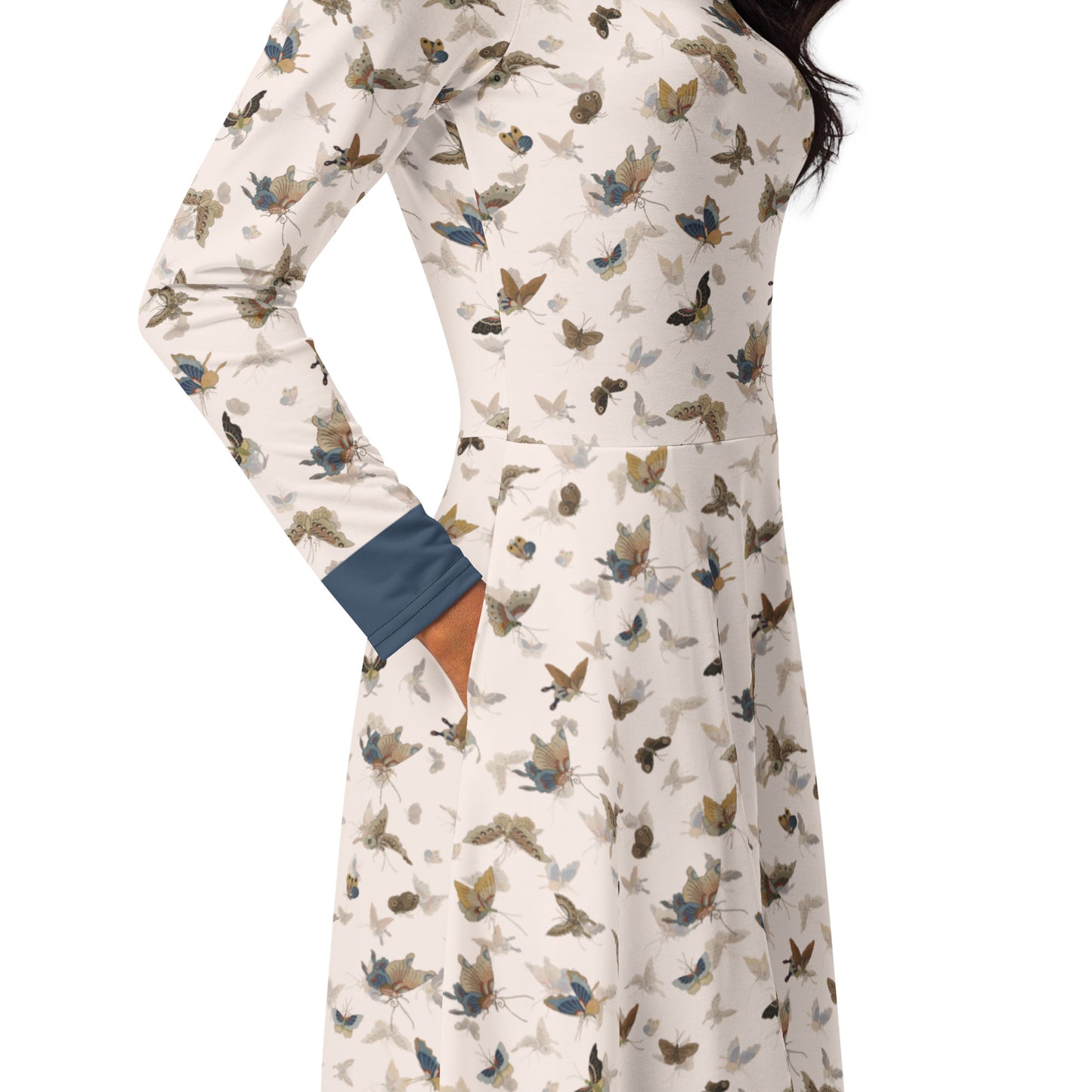 Butterfly dancing｜ long sleeve midi dress｜Fish belly white