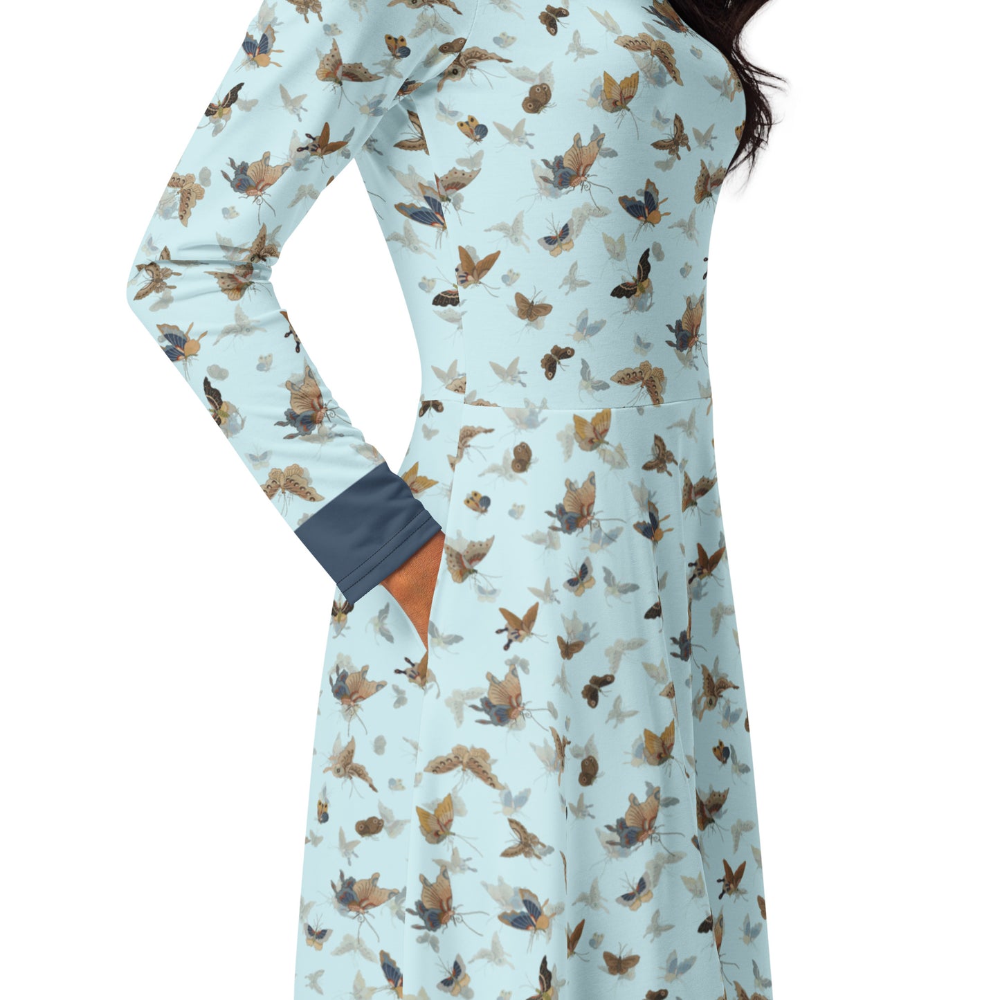 Butterfly dancing｜ long sleeve midi dress｜Aqua blue