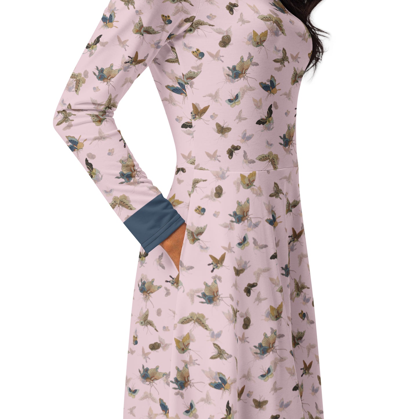 Butterfly dancing｜ long sleeve midi dress｜Pale pinkish gray