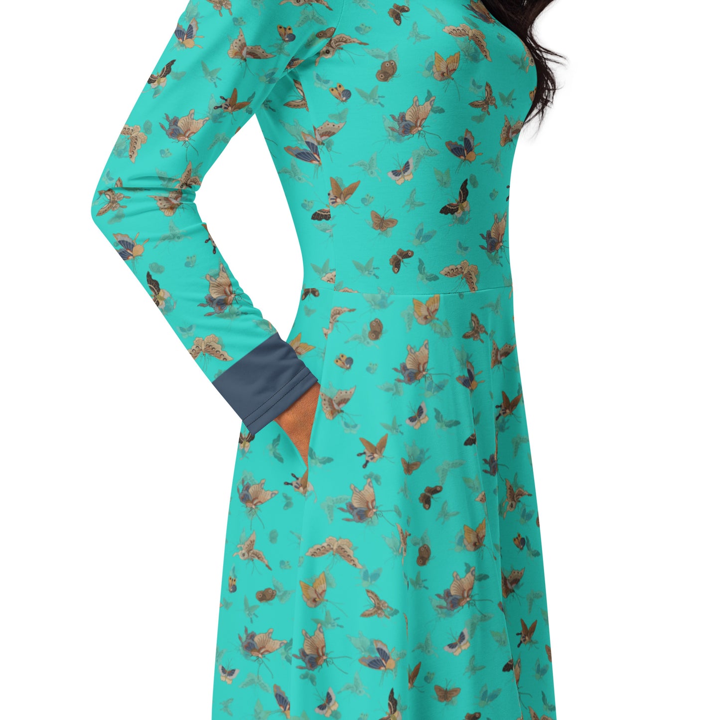 Butterfly dancing｜ long sleeve midi dress｜Turquoise