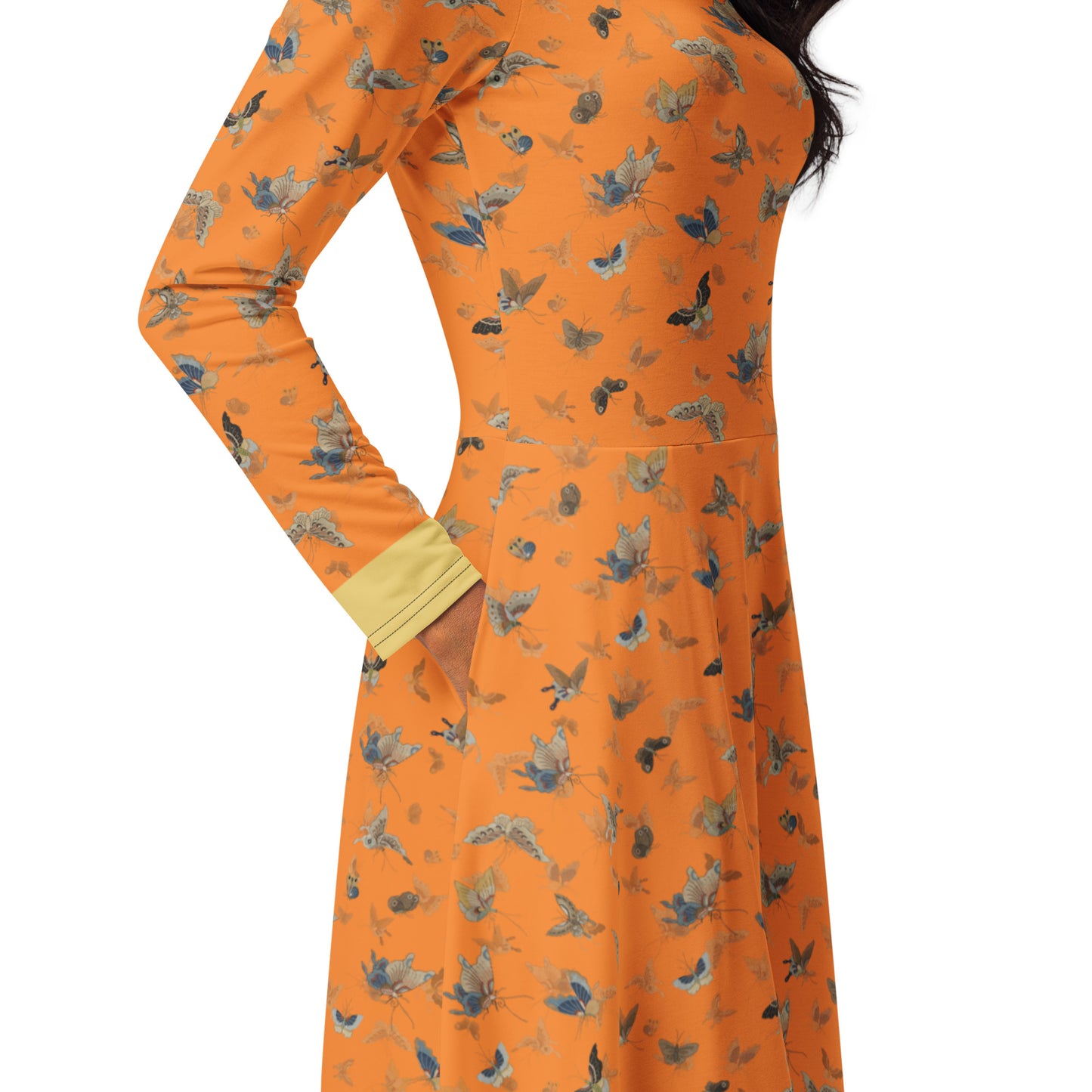 Butterfly dancing｜ long sleeve midi dress｜Orange