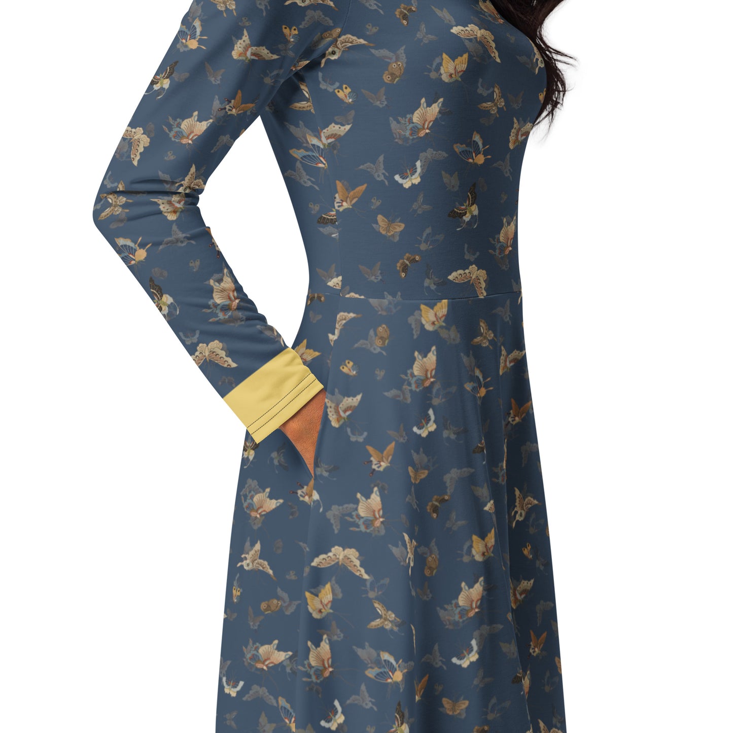 Butterfly dancing｜ long sleeve midi dress｜Dark blue